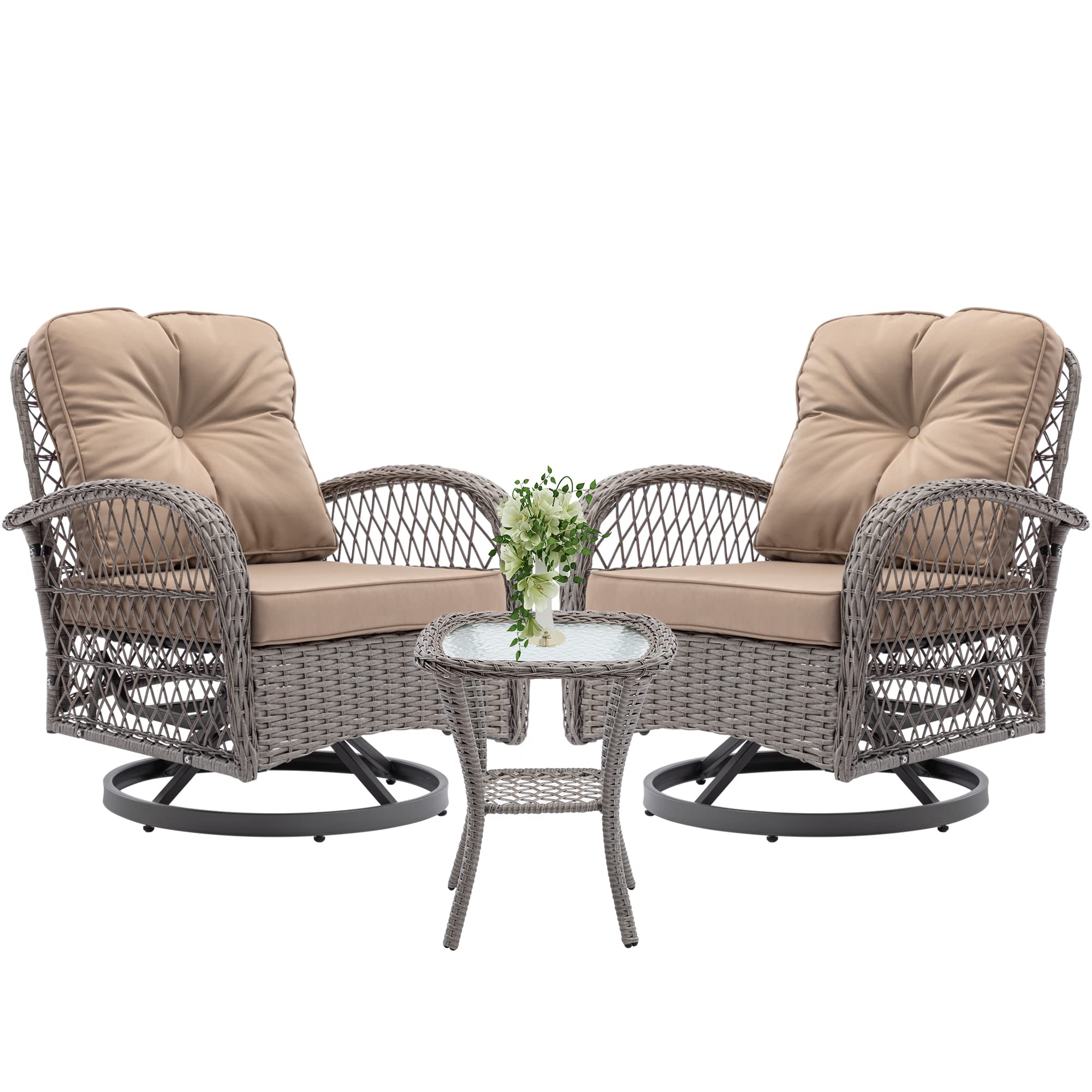 360° Swivel Patio Chairs Set - 3-Piece Outdoor Rocking Bistro Table & Chairs with Cushions - Rattan Wicker Porch Furniture for Garden, Deck, Backyard & Front Porch Relaxation