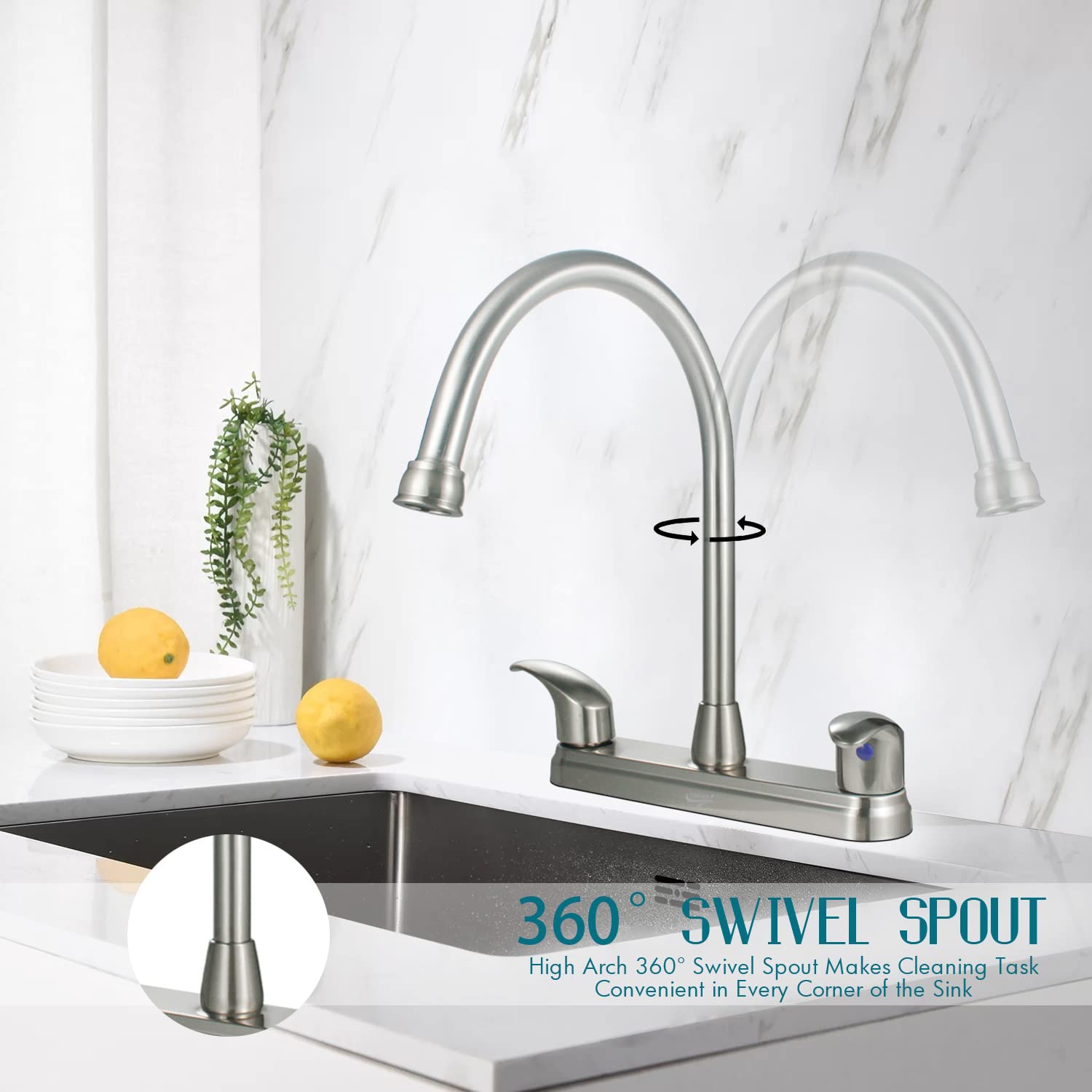 2 Handle High Arc Swivel Kitchen Faucet - Brushed Nickel Stainless Steel Sink Faucet with Solid Brass Construction - Perfect for Modern & Commercial Kitchens (Model CV-80100-2)