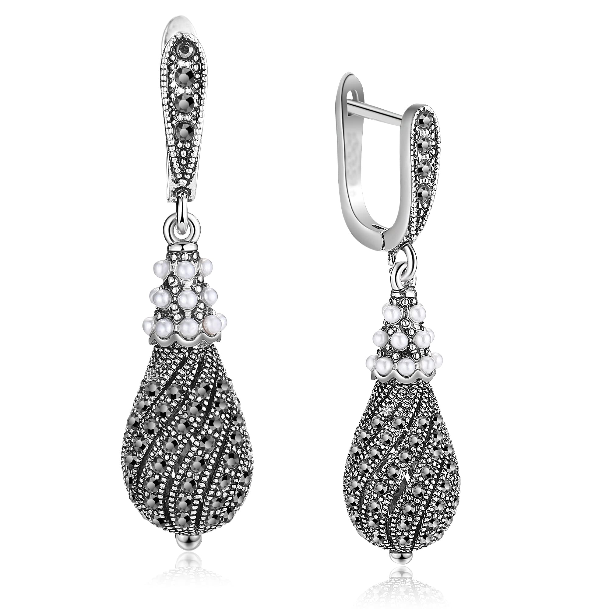 Vintage Black Marcasite & Onyx Dangle Earrings for Women - Hypoallergenic Drop Earrings for Party, Wedding & Evening Wear