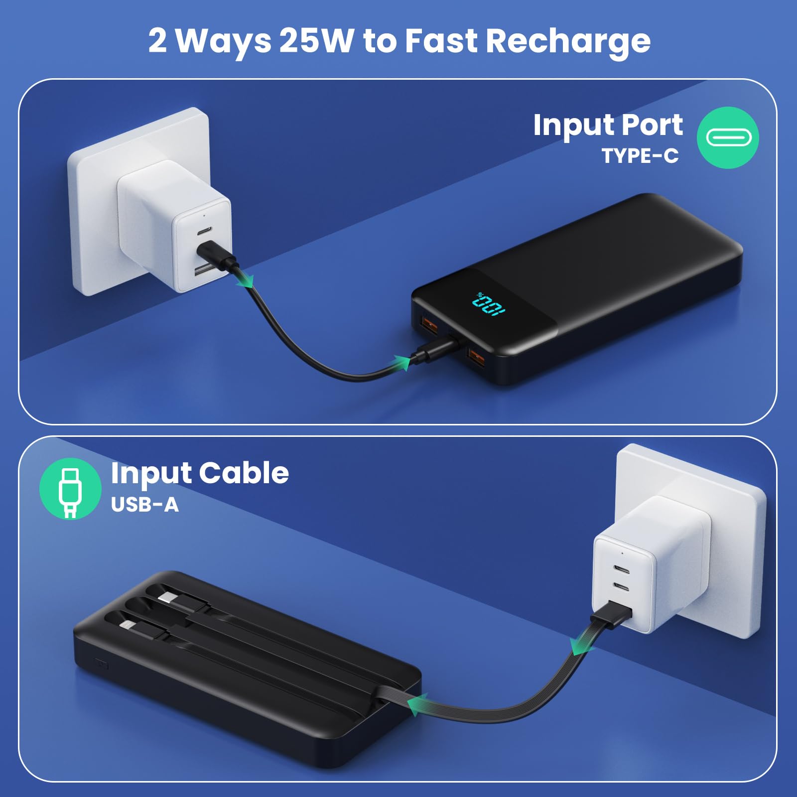 40800mAh Portable Charger Power Bank with 3 Built-in Cables - 25W PD USB C Fast Charging, QC4.0 LED Display External Battery Pack for iPhone 16/15 Pro Max, Samsung Galaxy S23/S22, Android Phones - Perfect for Travel, Camping & Emergency Power Backup (Black)