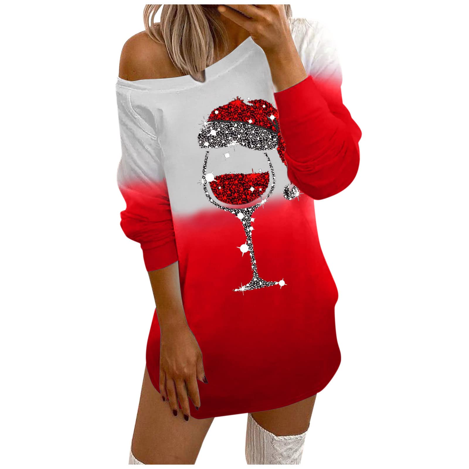 Sexy Christmas Party Dress for Women - Off Shoulder Gradient Mini Dress with Long Sleeves & Wine Glass Print | Holiday Cocktail Dress, Xmas Office Party, New Year's Eve Outfit