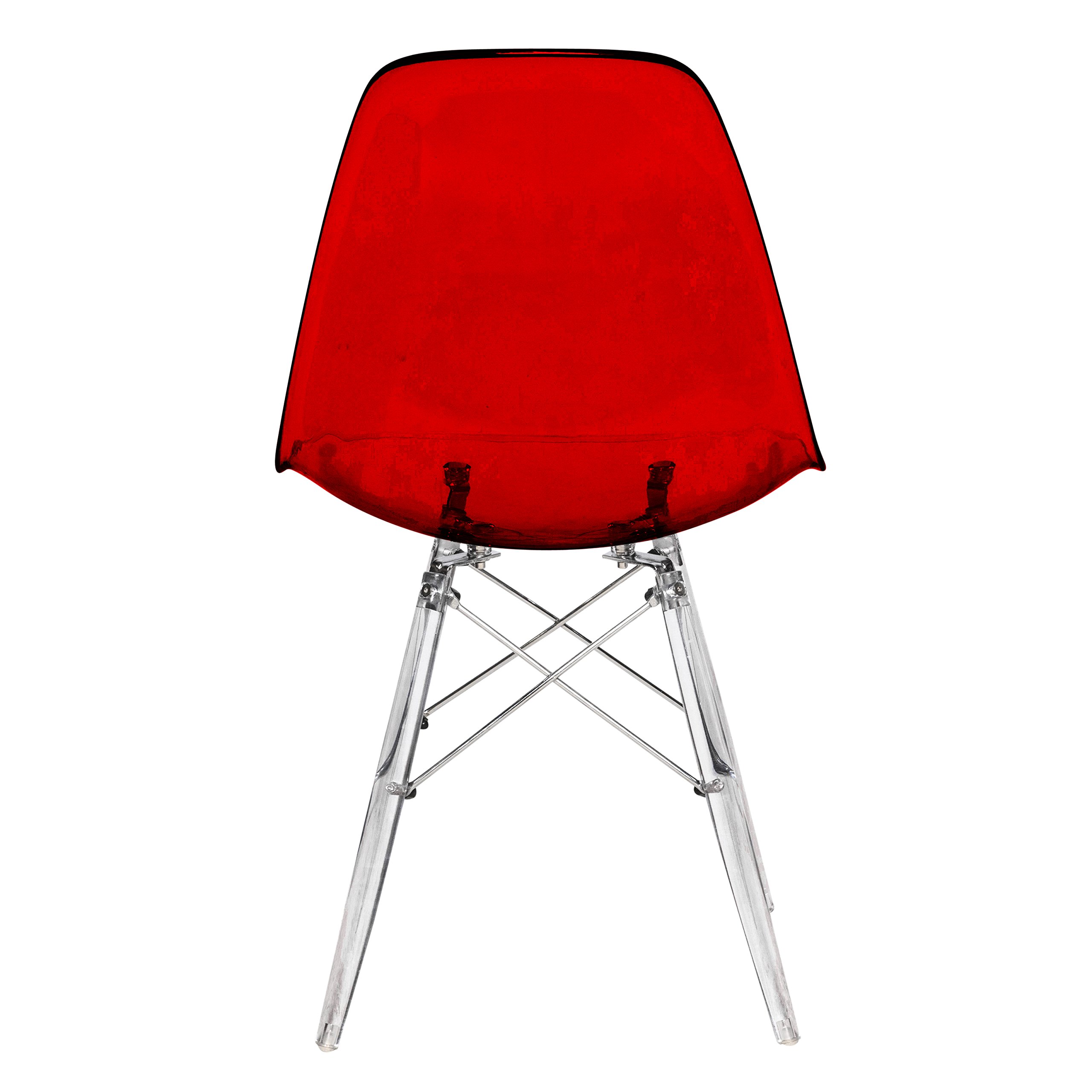 LeisureMod Dover Molded Side Chair with Acrylic Legs - Set of 4 Transparent Red Modern Dining Chairs for Kitchen, Dining Room & Office - Comfortable & Stylish Seating Solution