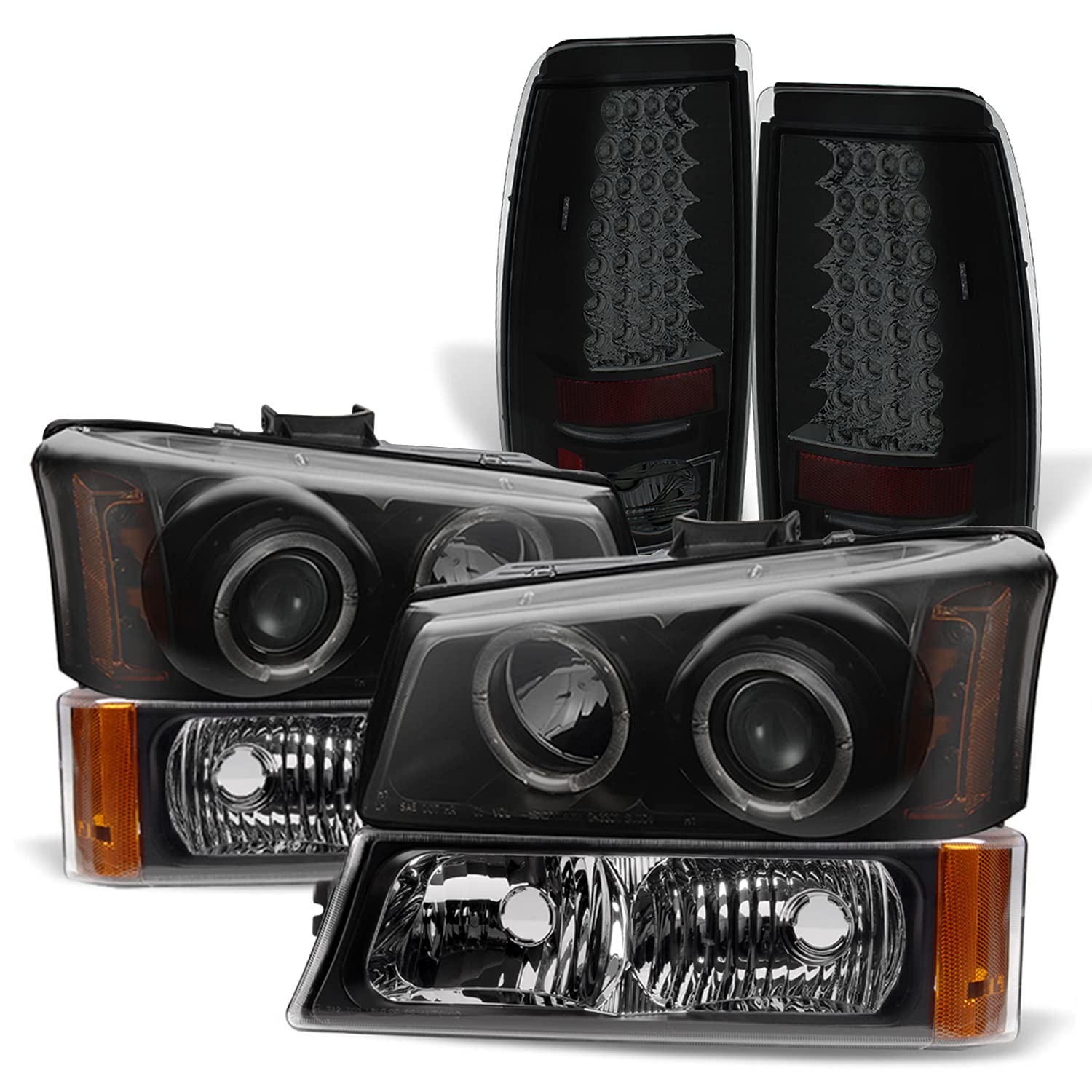 AKKON LED Headlight Housing Combo for 2003-2006 Chevy Silverado - Black Smoke Halo Projector Headlights, Bumper Lamps & Tail Lights | Complete Lighting Upgrade for Night Driving & Off-Road Adventures