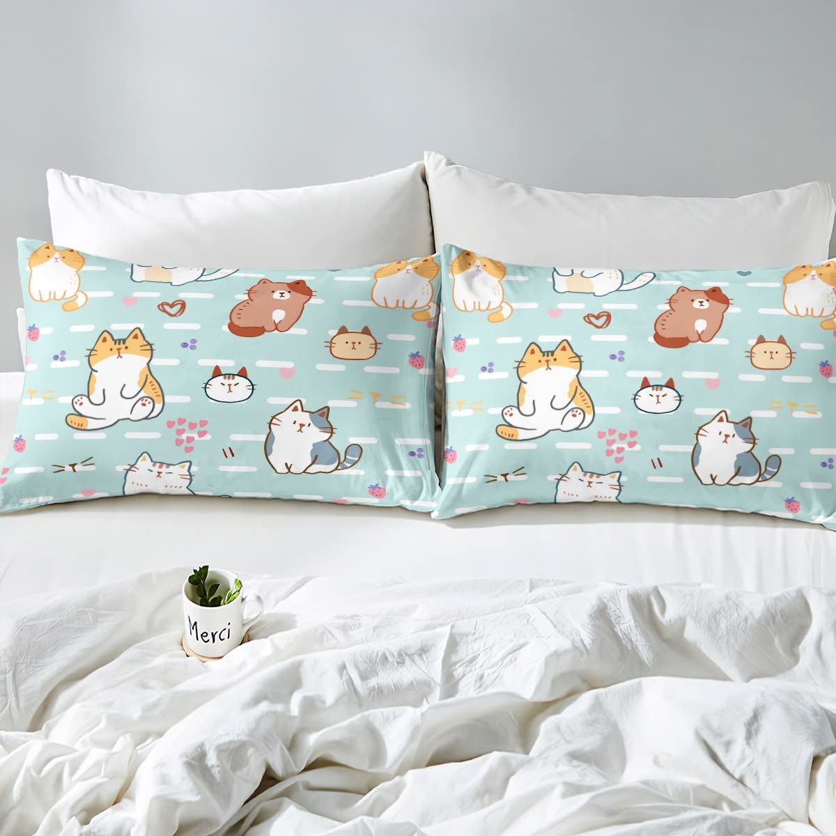 Cute Cartoon Cat Duvet Cover Set - Kawaii Kitten Print Twin Size Bedding for Kids, Boys & Girls | Pink Heart Strawberry Design for Cat Lovers | Includes 1 Pillowcase | Perfect for Toddler Bedrooms, Sleepovers & Themed Decor