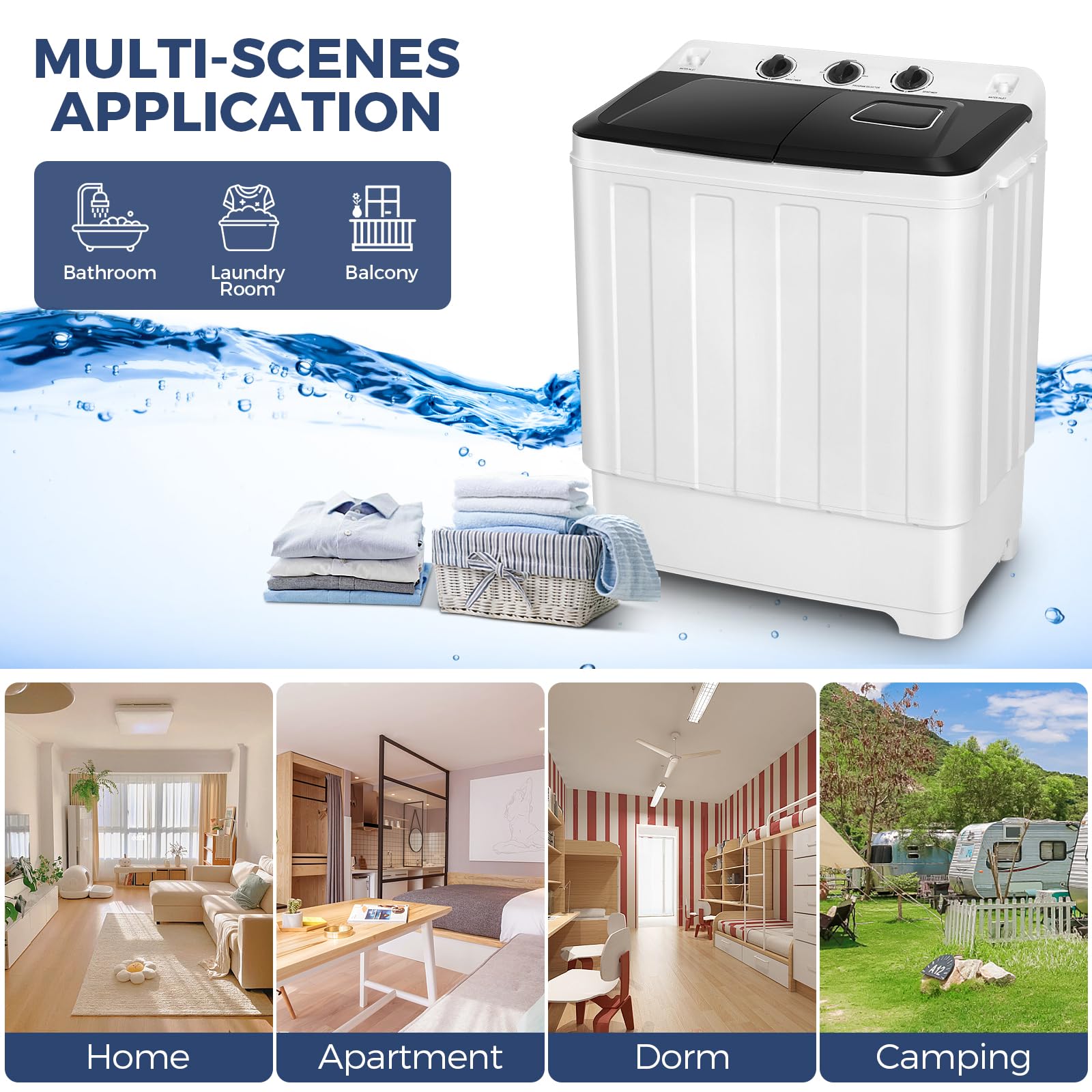 30Lbs Capacity Portable Twin Tub Washing Machine with Built-in Drain Pump - Compact Washer & Spin Dryer Combo (19Lbs Wash + 11Lbs Spin) - Perfect for Apartments, Dorms, RVs & Small Spaces - Ideal for Travel, Camping & Off-Grid Living
