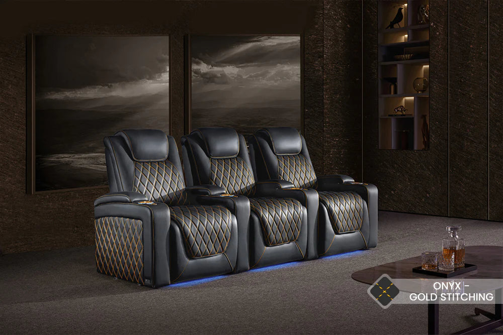 Valencia 2025 Oslo Premium Leather Home Theater Seating - Set of 6 Recliners with Onyx Upholstery & Gold Stitching | Perfect for Home Cinemas, Media Rooms & Luxury Home Theaters