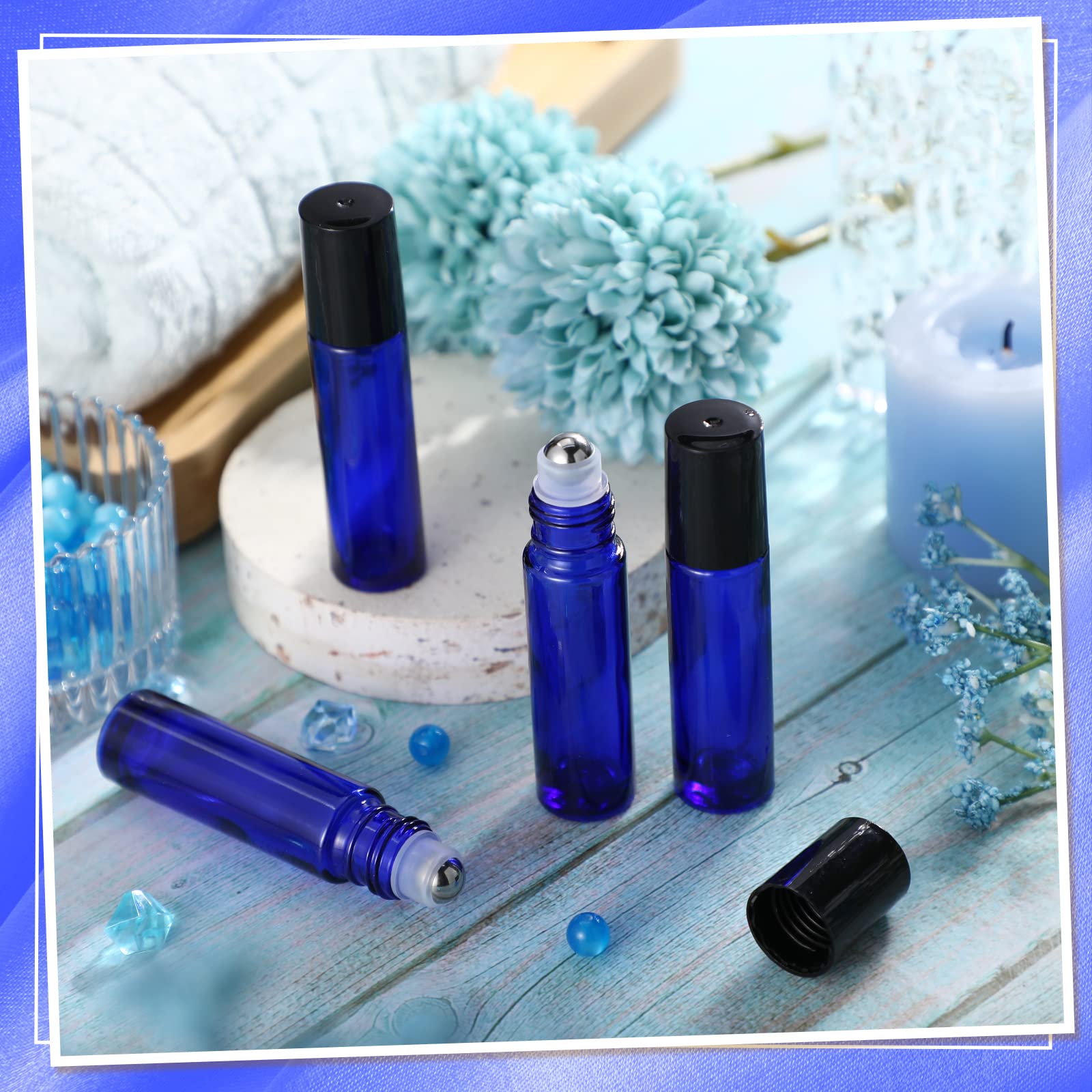 Sumind 250 Pcs 10ml Essential Oil Roller Bottles - Empty Glass Roll-On Bottles with Stainless Steel Balls, Leakproof Design, Includes 5 Funnels for DIY Perfume & Aromatherapy (Blue) - Perfect for Travel, Home Use & Gift Giving
