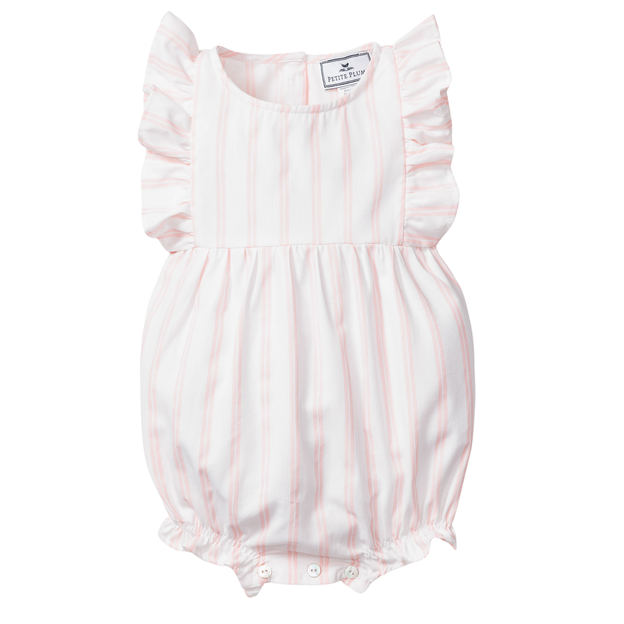 Pink and White Striped Baby Twill Romper with Ruffles - Soft & Comfortable Outfit for Newborns, Infants - Perfect for Playdates, Photo Shoots & Special Occasions
