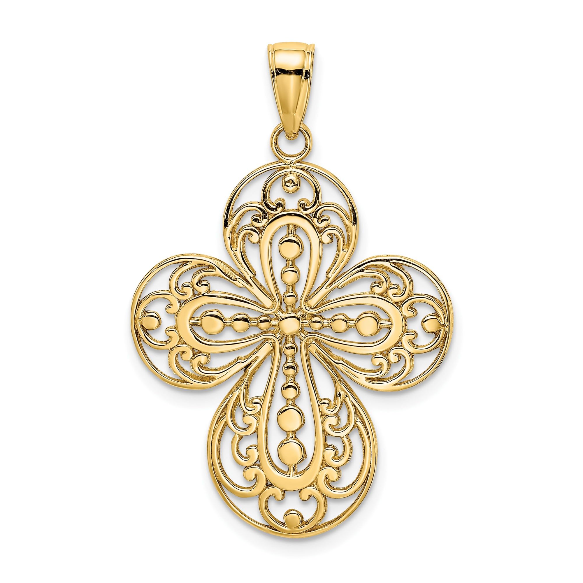 14K Solid Yellow Gold Antique Filigree Cross Pendant Necklace - Religious Jesus Christ Charm Jewelry for Women - Perfect for Baptism, First Communion & Church Occasions