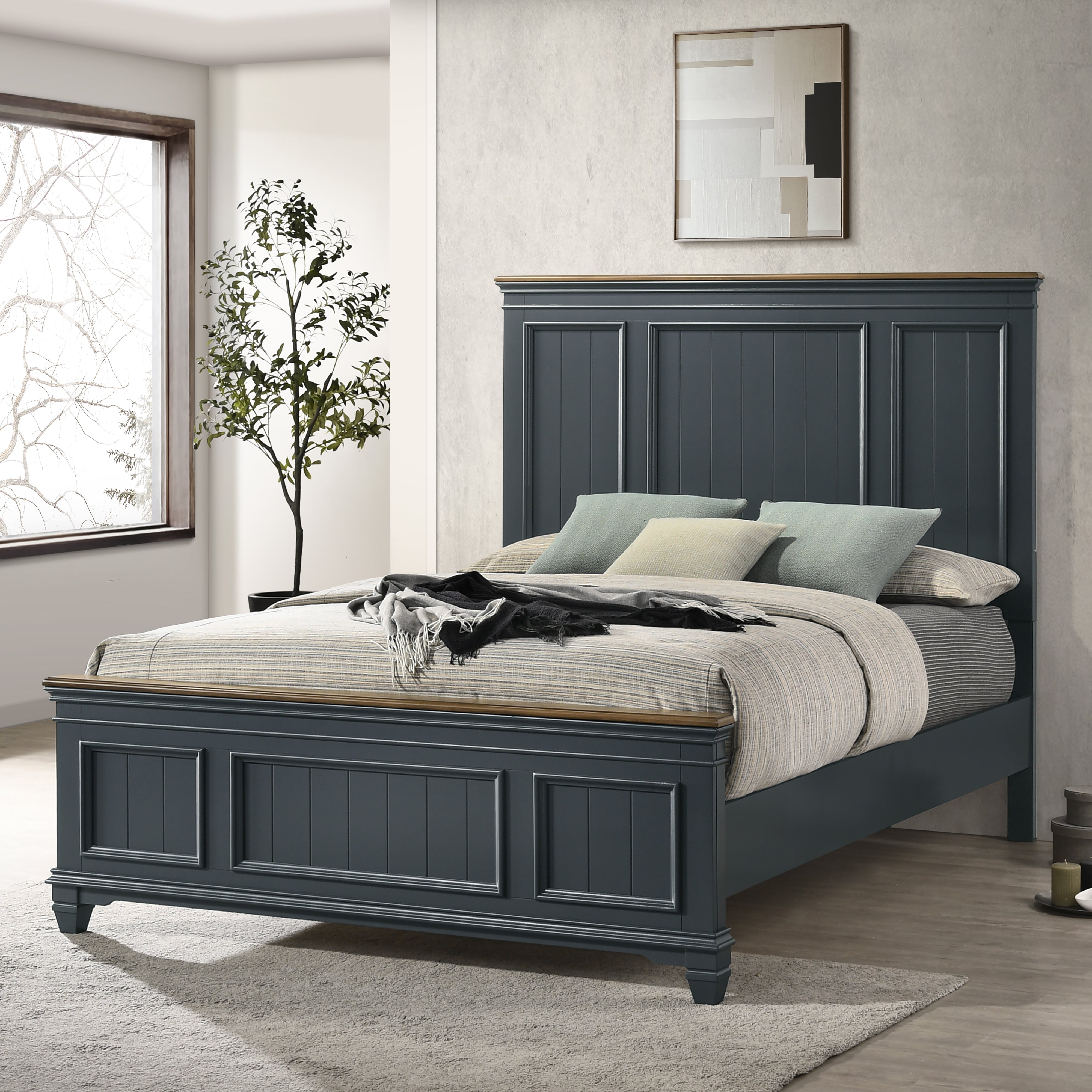 Roundhill Furniture Clelane Wood Bedroom Set with Shiplap Panel Bed - Queen Size, Slate Blue Finish - Modern Farmhouse Bedroom Decor for Master & Guest Rooms