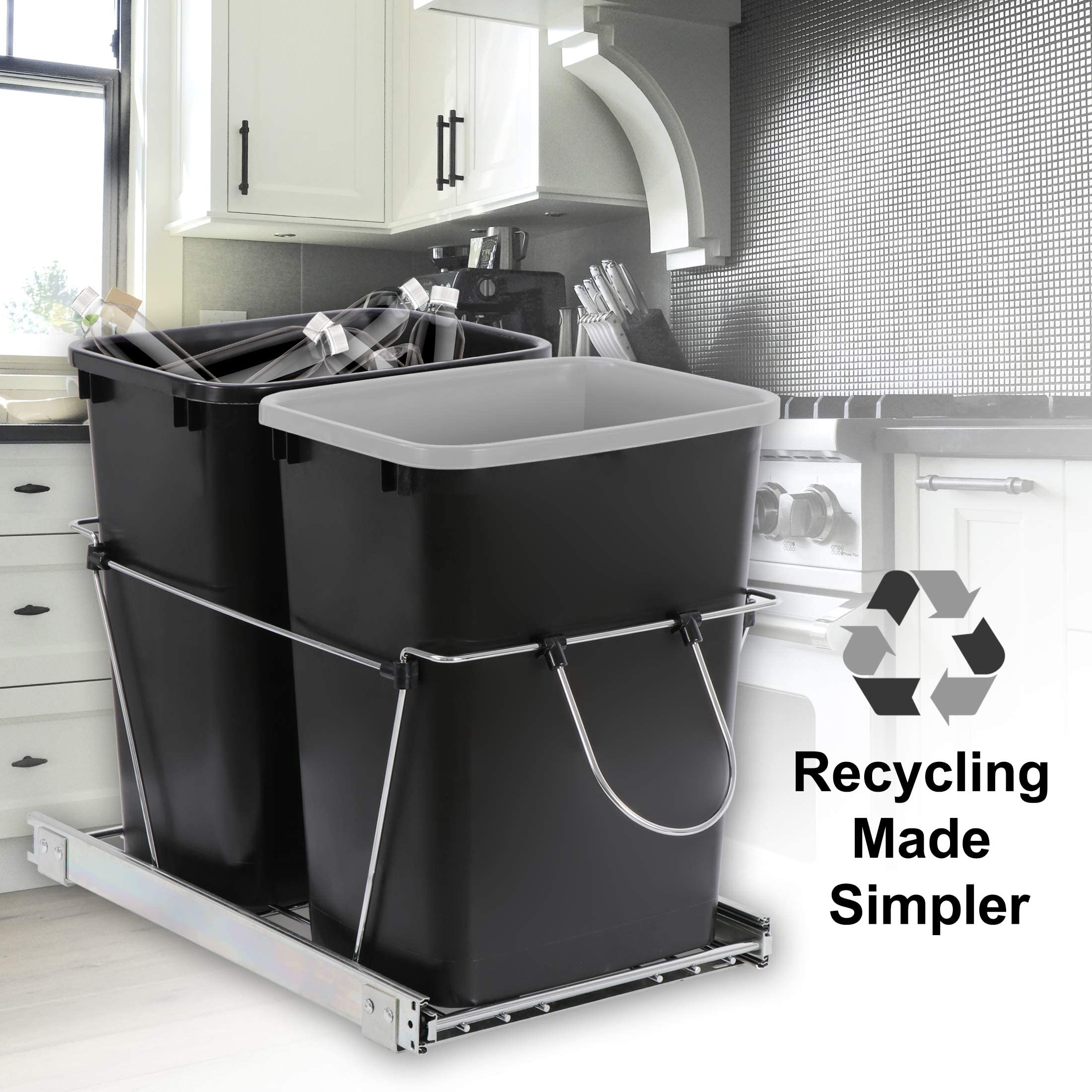35 Quart Double Sliding Pull-Out Trash Can for Under Kitchen Cabinets - Black Waste Bin with Recycle Container | Perfect Under-Sink Garbage Solution for Home Kitchen Organization & Easy Waste Disposal