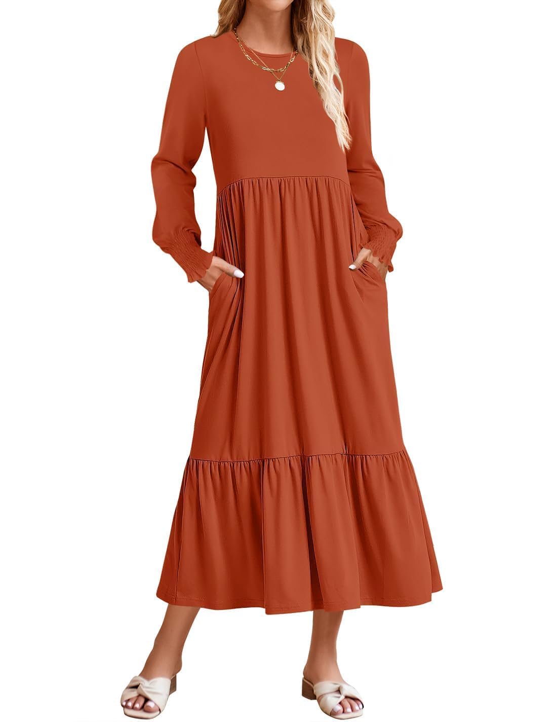 ZESICA Women's Spring Long Sleeve Dress 2025 - Crewneck Casual Loose Pleated Tiered Swing Midi Dress with Pockets | Perfect for Work, Date Night & Spring Outfits