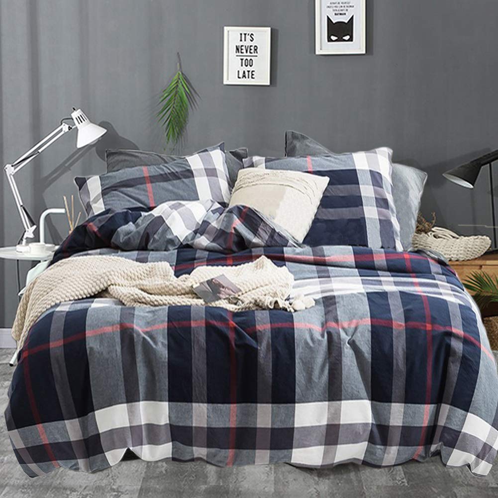 King Size Navy Blue Plaid Comforter Set - Lightweight Buffalo Check Cotton Bedding with Red & White Grid Pattern | Super Soft Blue Checkered Duvet Cover for Men, Boys & Adults | Perfect for Bedroom, Dorm, Guest Room & Cozy Winter Nights