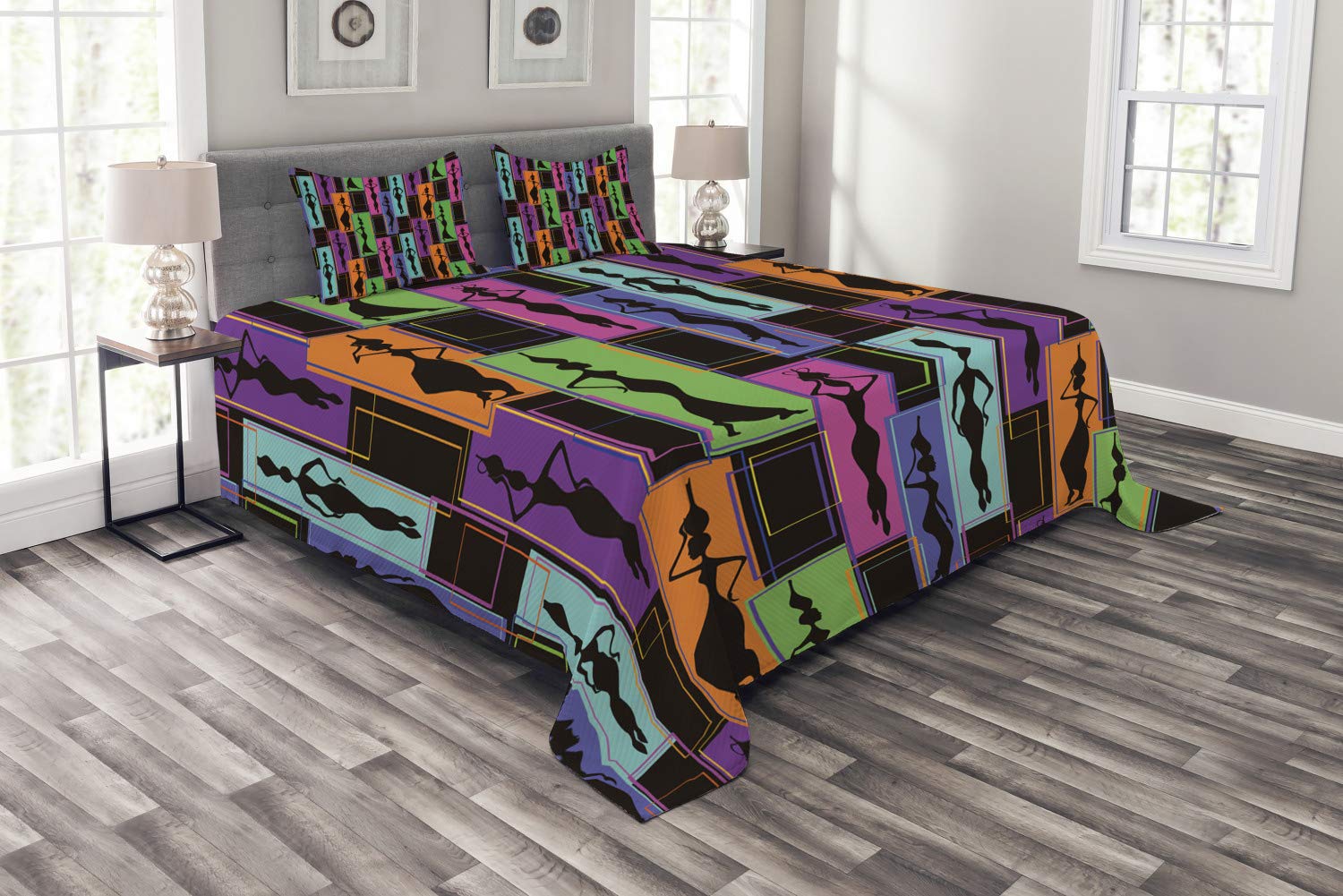 Ambesonne African Bedspread Set - Colorful Abstract Geometric Print with Women Carrying Vases, 3-Piece King Size Bedding Set (Coverlet + 2 Pillow Shams) for Boho Chic & Ethnic Home Decor | Perfect for Bedroom, Guest Room & Dorm Styling