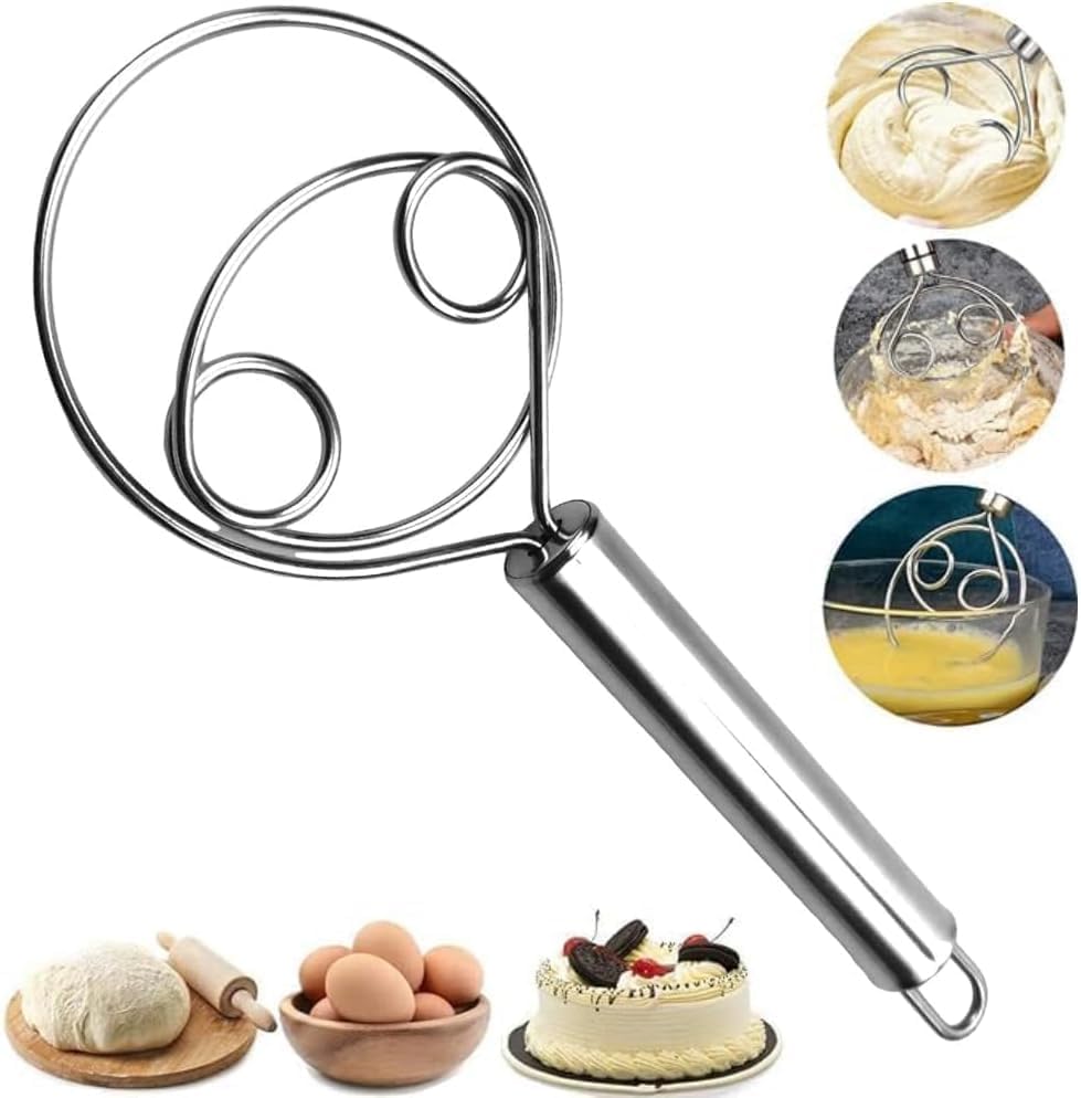 RIVERIYA Stainless Steel Danish Dough Whisk - Non-Slip Heat Resistant Manual Bread Mixer for Baking Bread, Batter, Pastry & Cookie Dough | Perfect for Home Bakers & Professional Kitchens