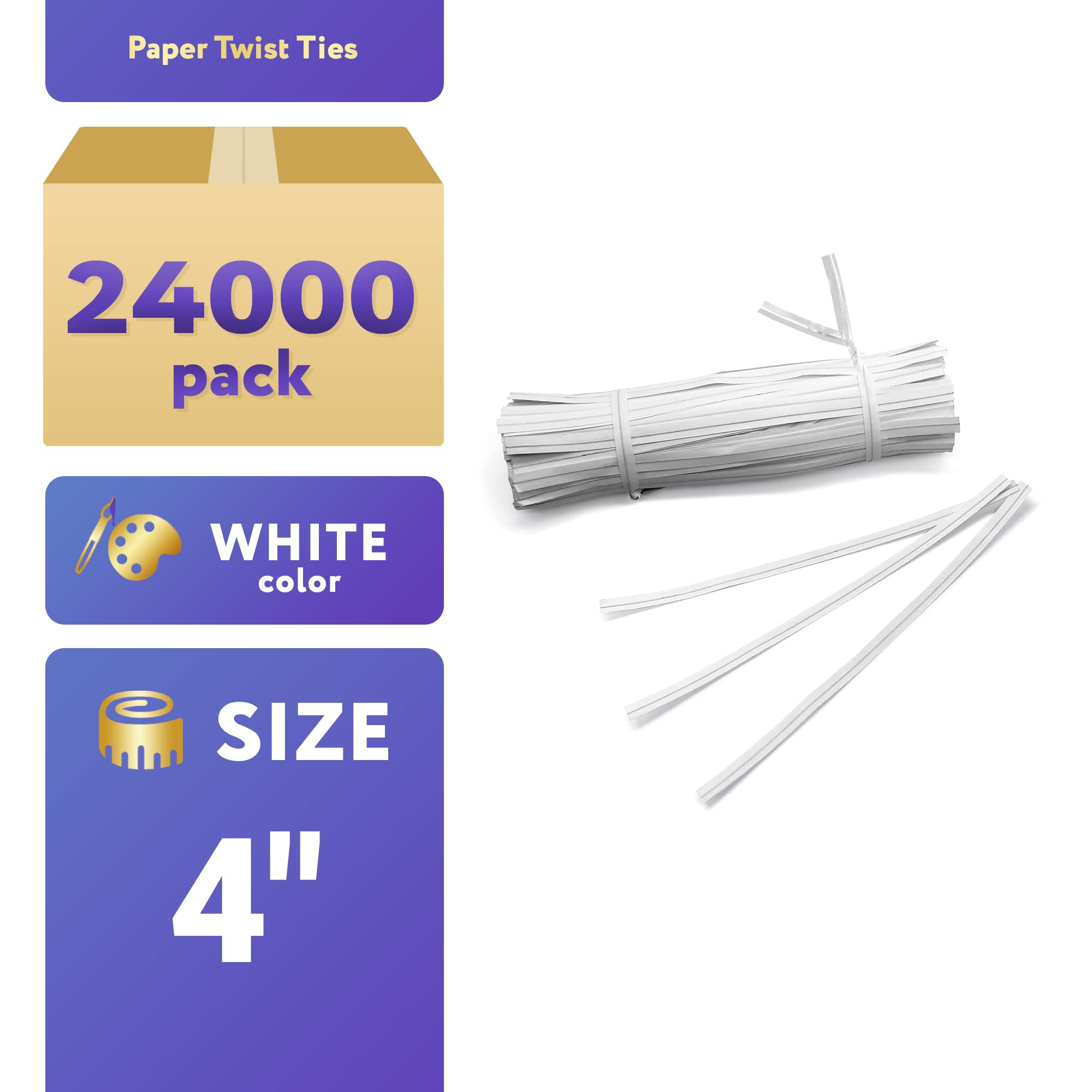 APQ White Metallic Twist Ties for Bags - 4 Inch 24,000 Pack Plastic-Coated Bread Ties, Reusable Heavy-Duty Twisty Ties for Treat Bags, Gift Wrapping & Food Packaging - Perfect for Bakeries, Cafes & Home Use