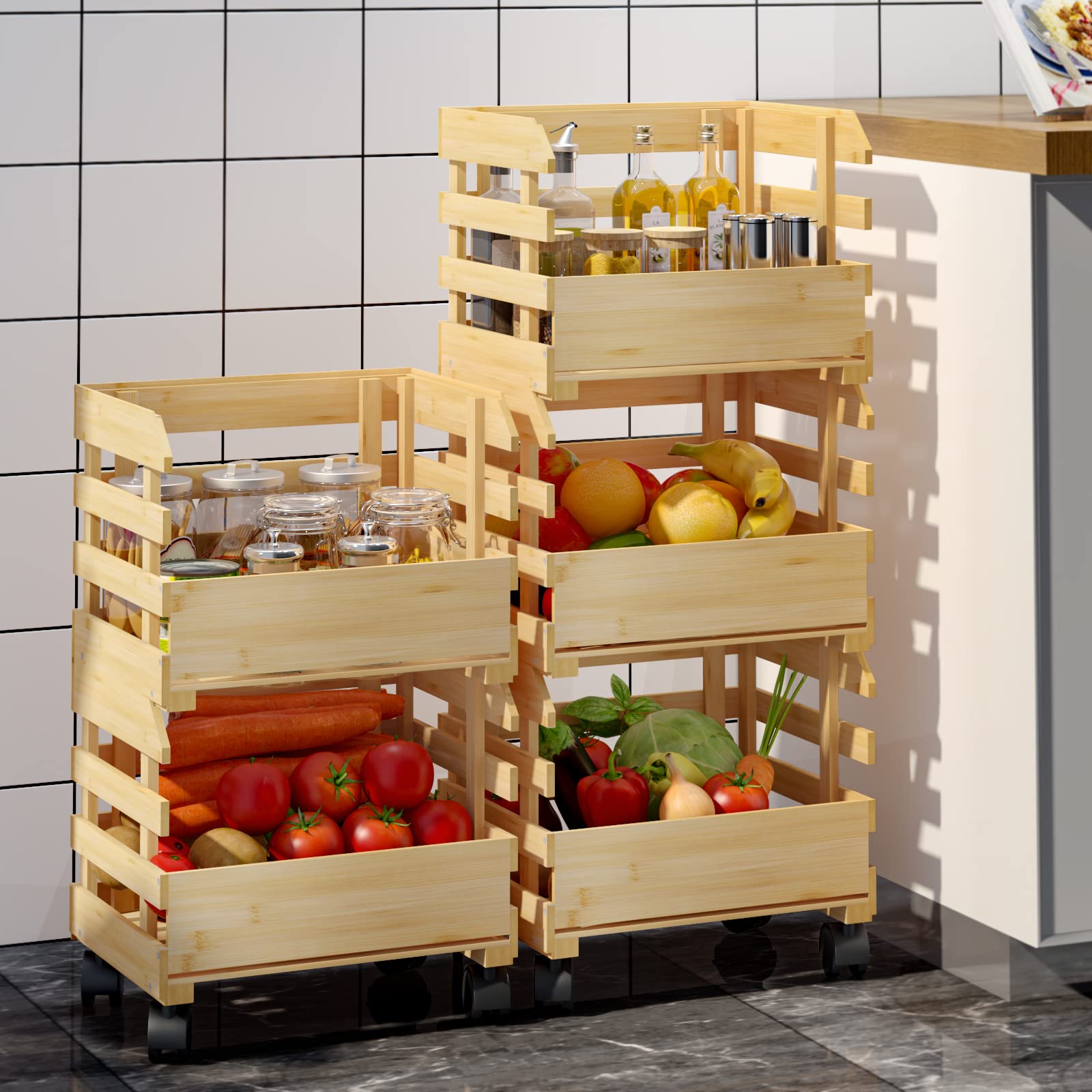 3-Tier Bamboo Fruit Basket for Kitchen Counter - Detachable Large Storage Organizer for Fruits, Vegetables, Snacks & Bread | Perfect for Pantry, Dining Room & Small Space Organization