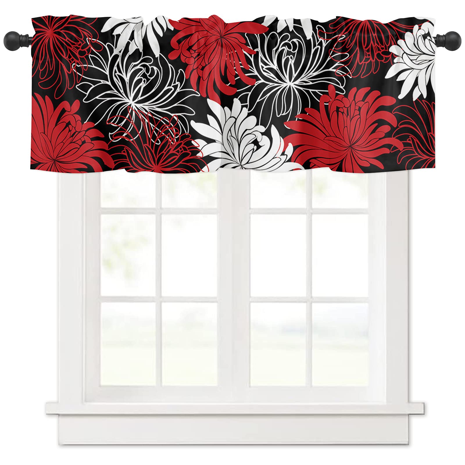 Floral 1 Panel Kitchen Curtain Valance with Rod Pocket - 54x18 Inch Insulated Blackout Window Drape for Bathroom or Small Windows (Chrysanthemum Flower Red/Black/White) - Perfect for Privacy, Light Control & Home Decor