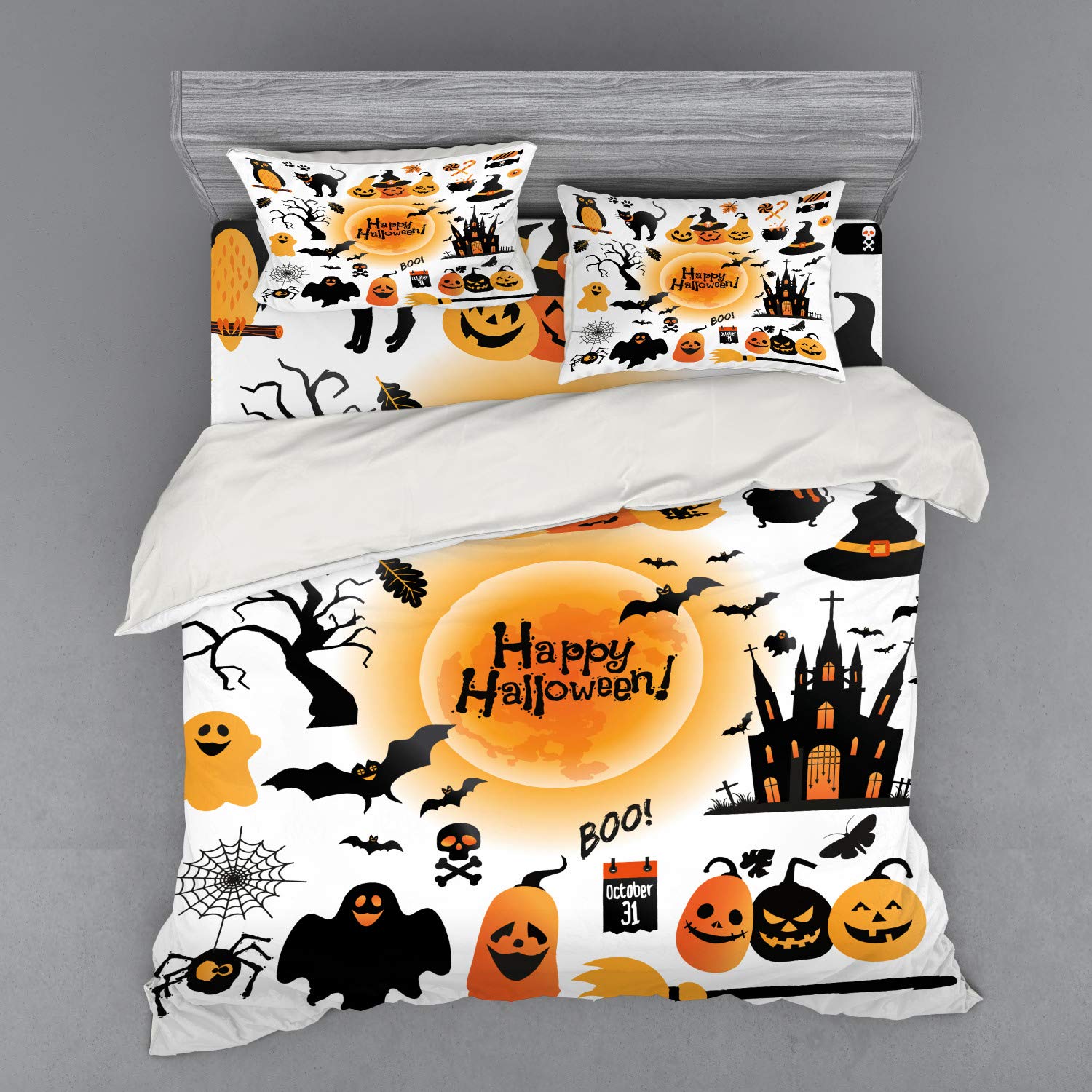 Ambesonne Halloween Duvet Cover Set - Spooky Haunted House, Owl, Black Cat & Candy Design - 4 Piece King Size Bedding Set with Shams & Fitted Sheet in Orange & Black - Perfect for Halloween Decor & Themed Bedroom Makeover