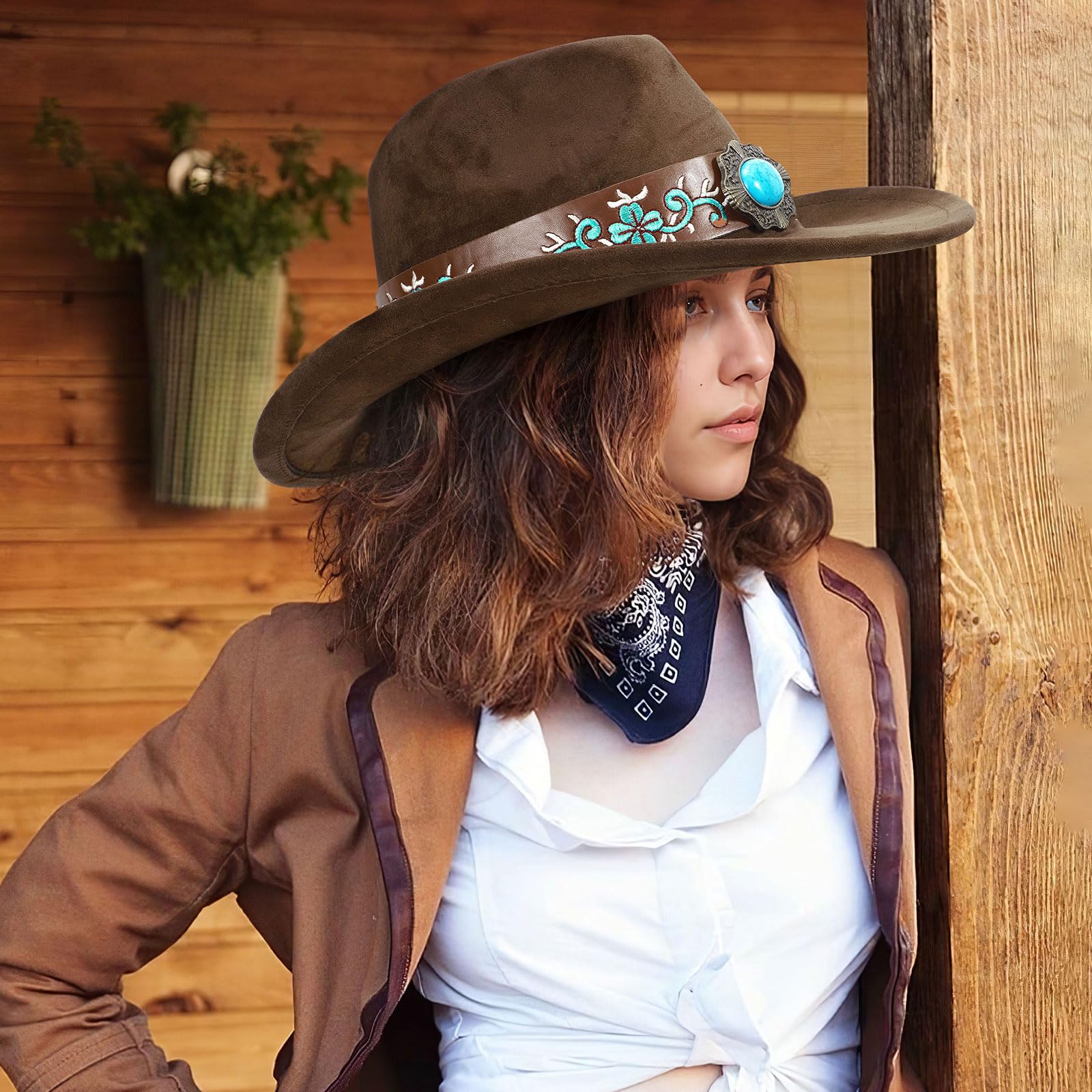 SANSTHS Western Cowboy Hats for Men & Women - Wide Brim Felt Cowgirl Hat with Leather Band - Perfect for Rodeo, Country Music Festivals & Western Fashion Outfits