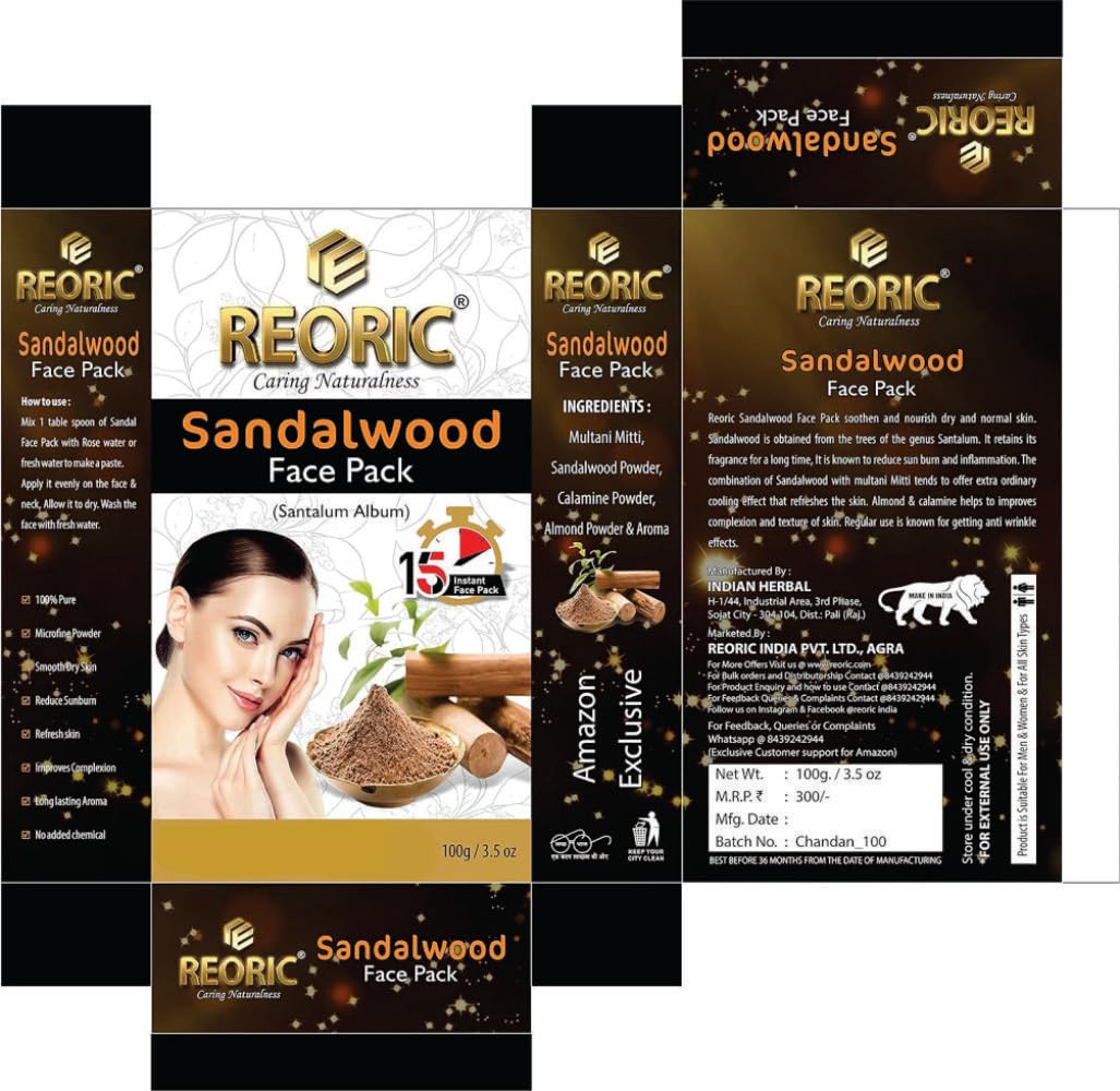 Reoric Organic Sandalwood Face Pack | Pure & Natural Chandan Powder Facial Mask for Glowing Skin | 100% Organic Sandalwood Powder for Face & Body Care | 100g Pack | Perfect for Spa, Ayurvedic Skincare & Daily Beauty Routine