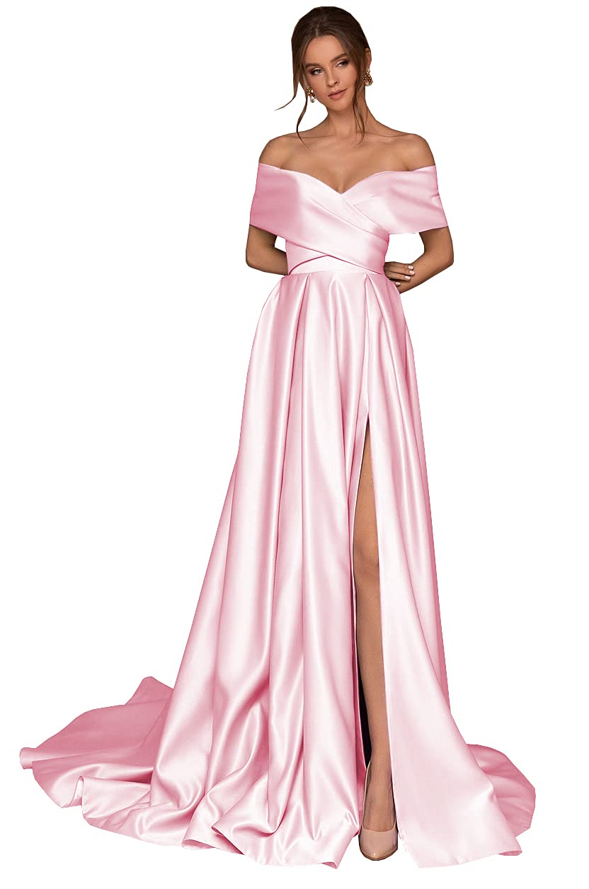 BOLENSEY Women's Off The Shoulder Prom Dress with Slit Ruched Satin Formal Evening Party Gowns - Elegant Homecoming, Wedding Guest & Cocktail Party Dress for Special Occasions