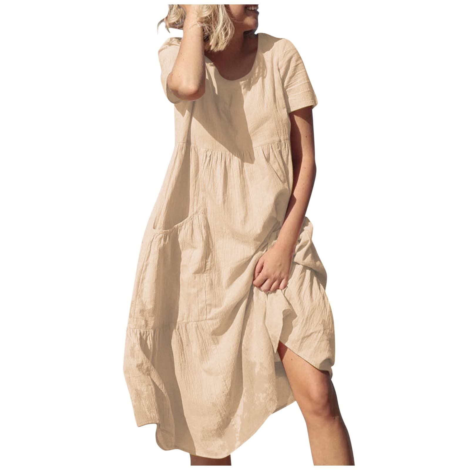 Women's Summer Casual Cocktail Dress - Round Neck Short Sleeve Midi Dress with Pockets | Perfect for Garden Parties, Date Nights & Office Wear