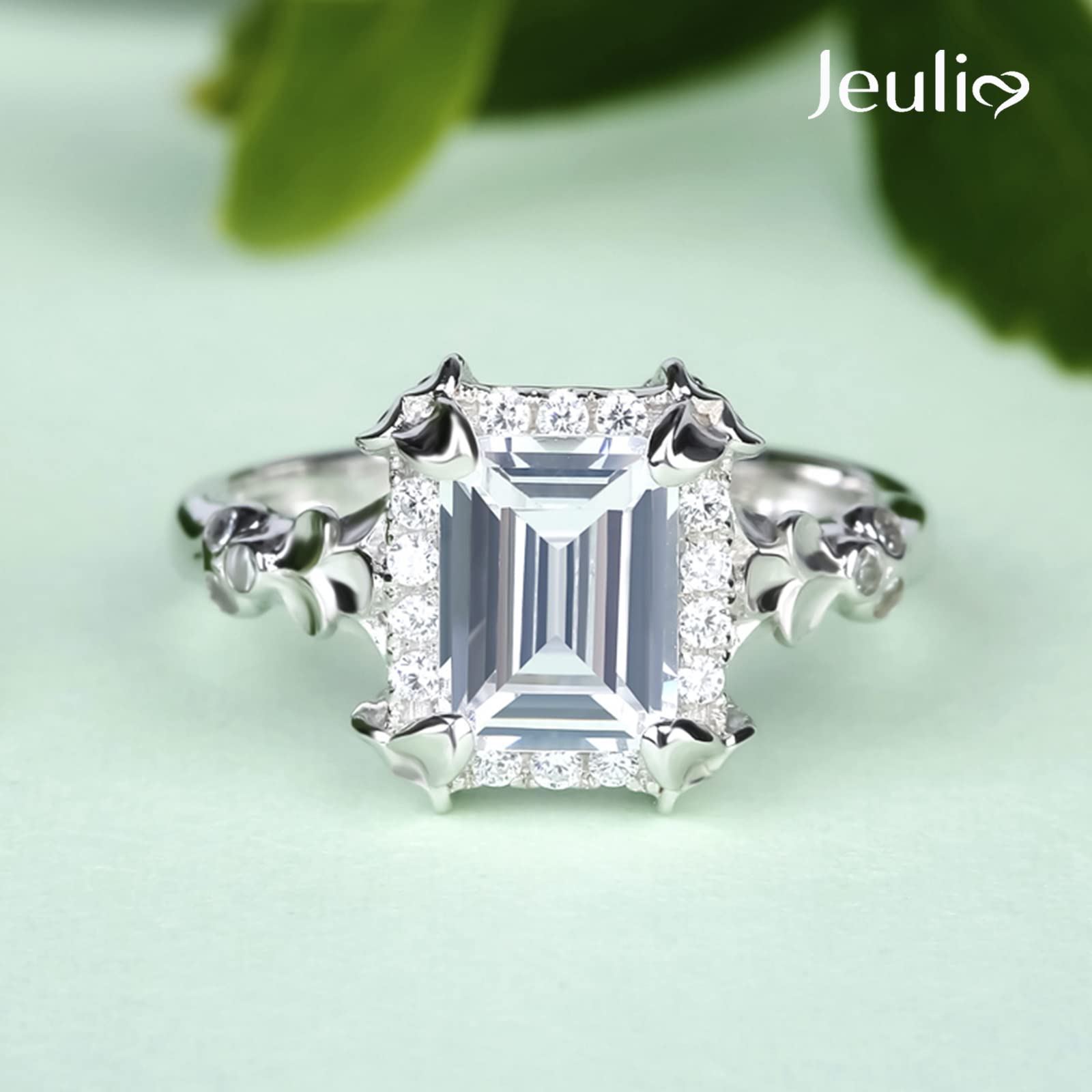 Jeulia 2.45 Carat Diamond Engagement Ring for Women - Sterling Silver Emerald Cut Flower Cubic Zirconia Wedding Band, Anniversary Promise Ring with Jewelry Gift Box | Perfect for Proposals, Weddings, Anniversaries & Special Occasions