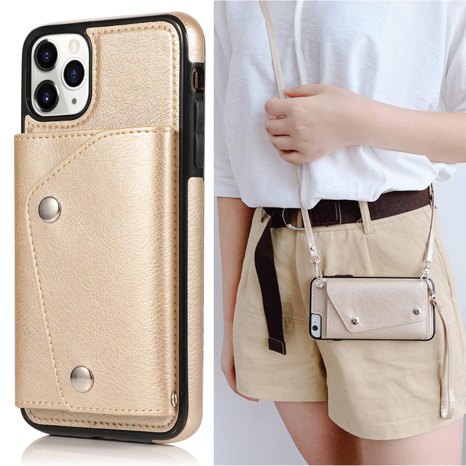 Premium PU Leather Wallet Case for iPhone 11 Pro Max - Card Holder with Neck Strap & Wrist Strap | Slim Protective Cover with Credit Card Slots | Perfect for Travel, Shopping & Everyday Use (Gold)