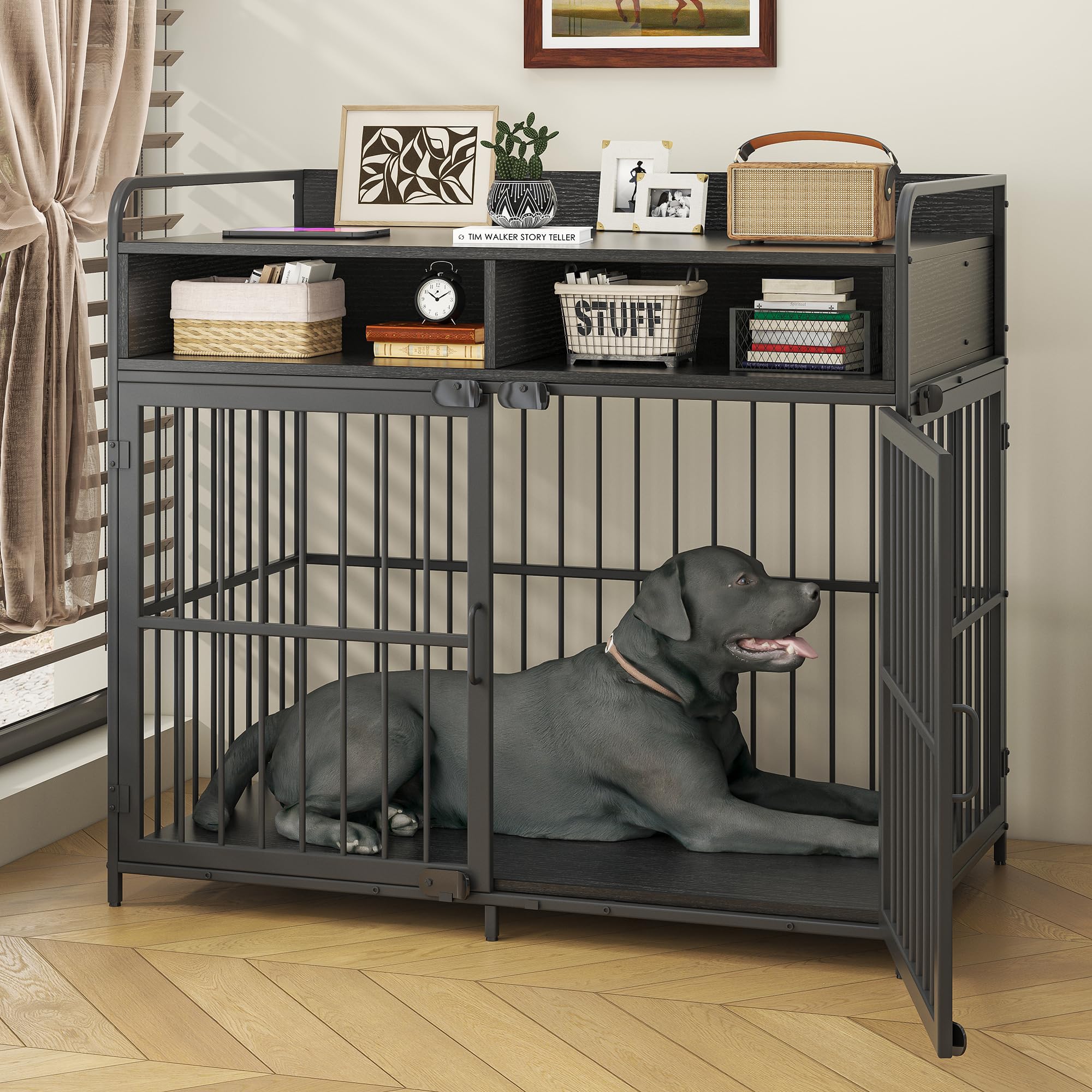 Premium Large Wooden Dog Crate with Storage Drawers - Heavy Duty Indoor Dog Kennel & Side Table - 40.5