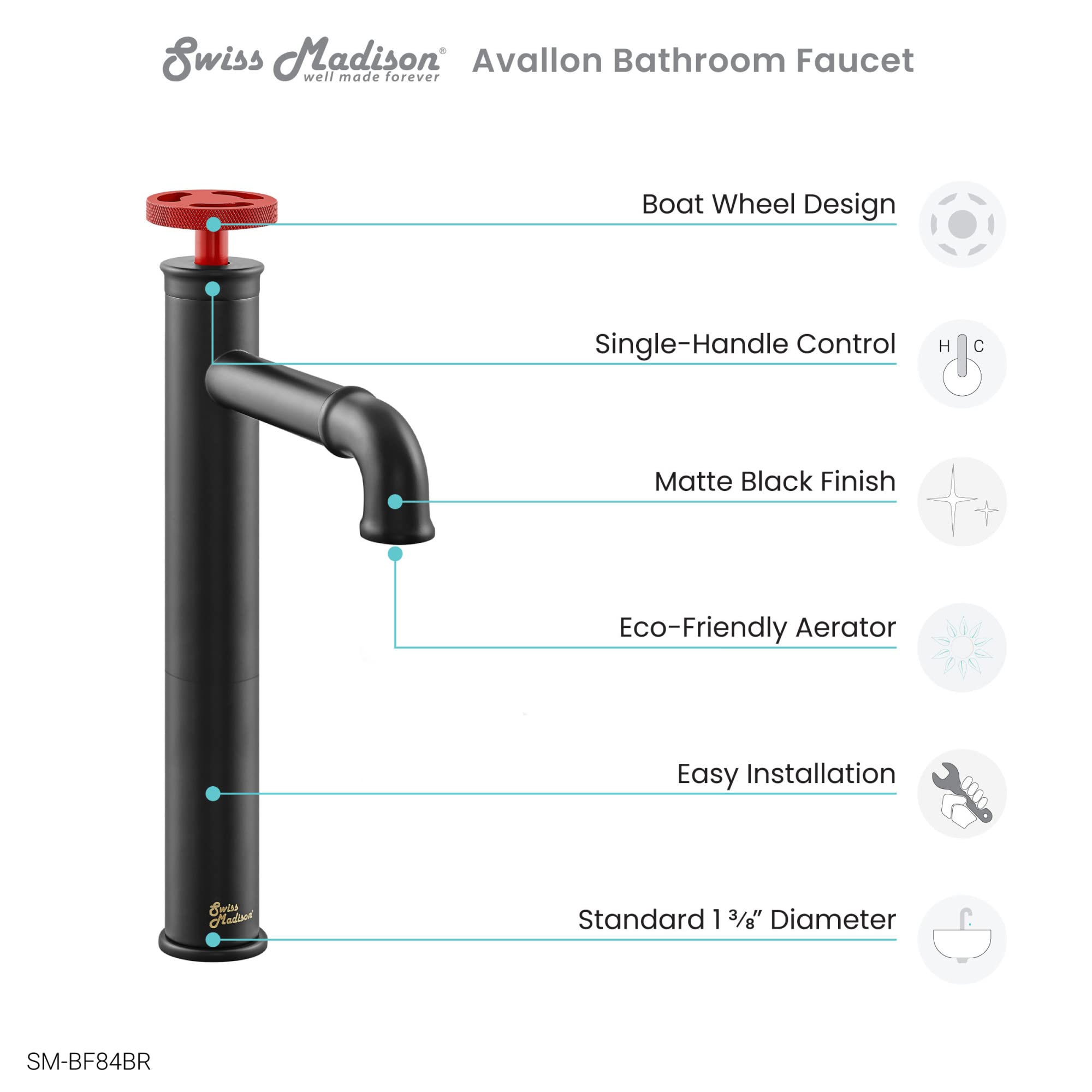 Avallon Matte Black Single Hole Single Handle High Arc Bathroom Sink Faucet with Blue Handles - Modern Waterfall Spout for Bathroom Vanity & Powder Room Upgrade