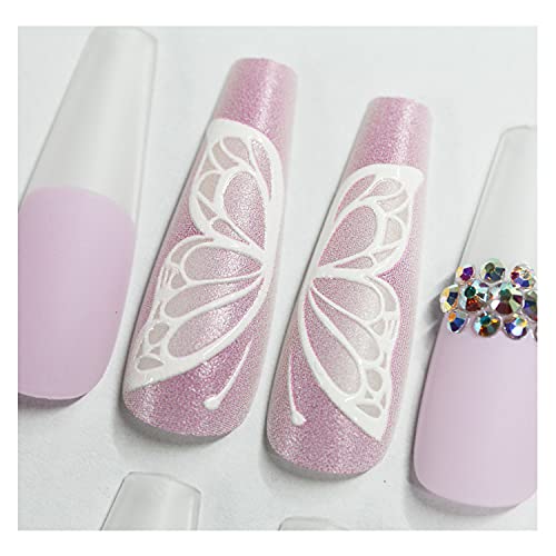 30 PCS Long Coffin Press on Nails - French Matte False Nails with Rhinestones & 3D Butterfly Designs | Full Cover Stick on Nails for Women & Girls (Purple) | Perfect for Parties, Weddings, and Special Occasions