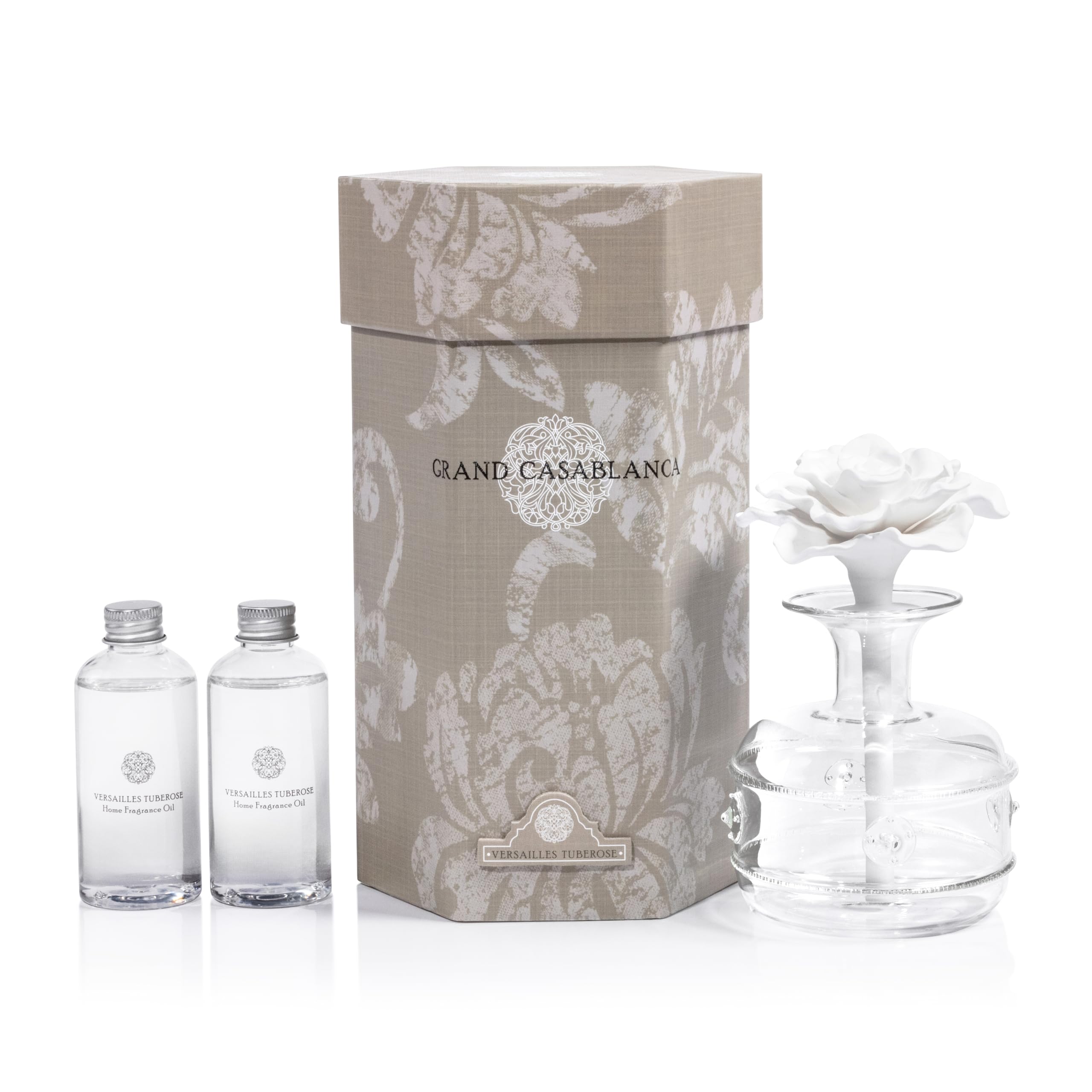 Zodax Grand Casablanca Porcelain Essential Oil Diffuser - Elegant Flower Design Aromatherapy Diffuser for Home, Office, Spa | Perfect for Relaxation, Stress Relief & Air Freshening | Versailles Tuberose Scent - 6.76 Oz with Gift Box