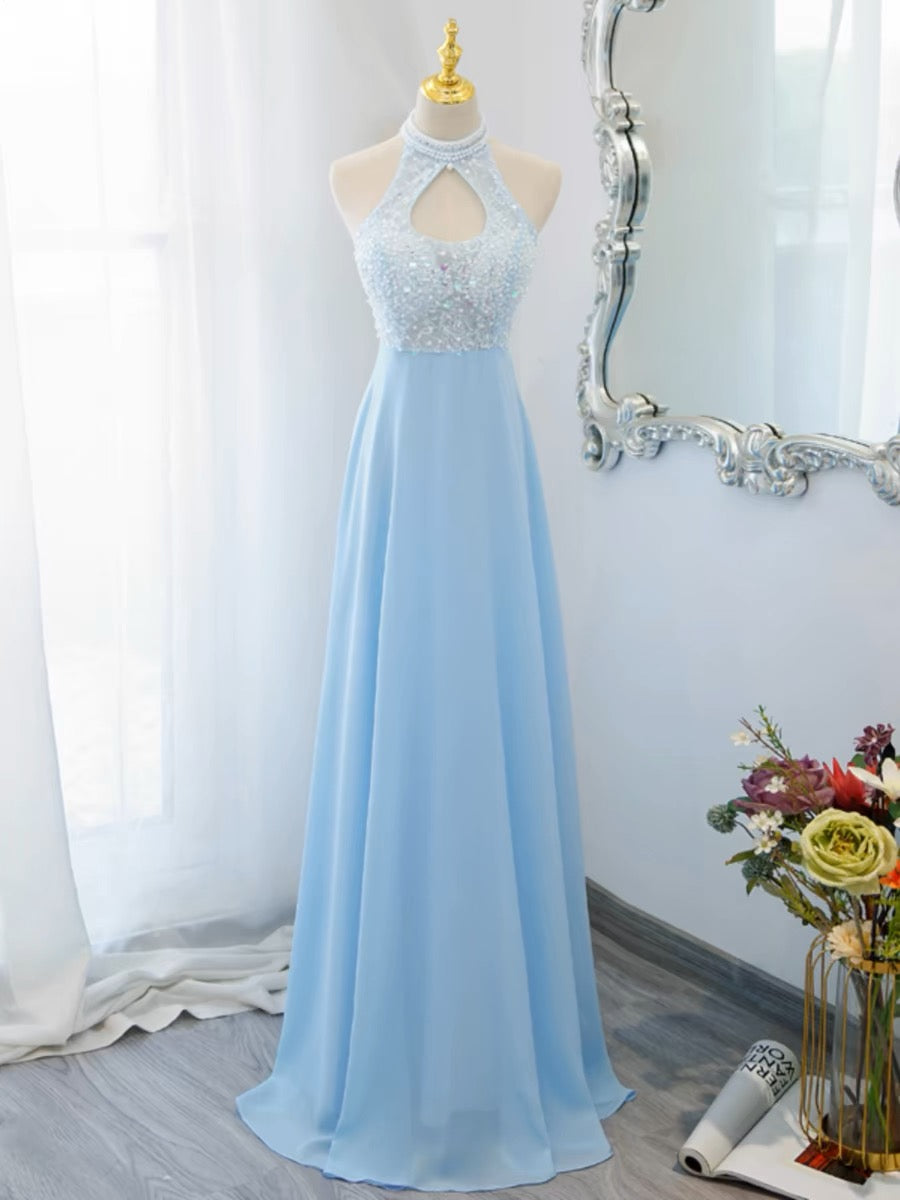 Elegant Blue Halter A-Line Chiffon Long Prom Dress J3188 for Formal Dances & Evening Events