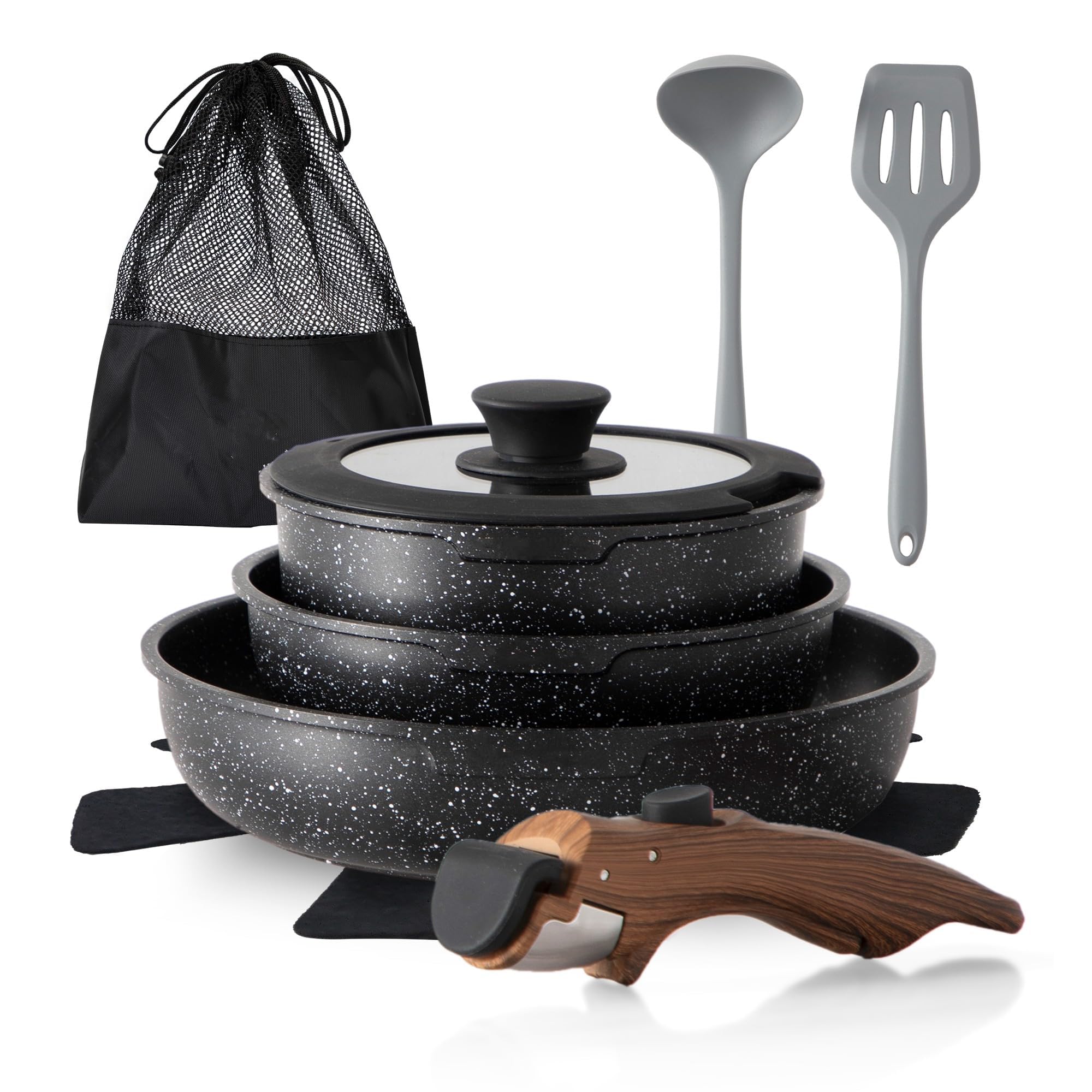10-Piece Nonstick Pots and Pans Set with Detachable Handles - Induction Compatible, Oven Safe & PFOA/PFOS Free Cookware for RV Camping, Home Kitchen & Outdoor Cooking - Perfect for Camping Trips, Small Spaces & Everyday Meal Prep