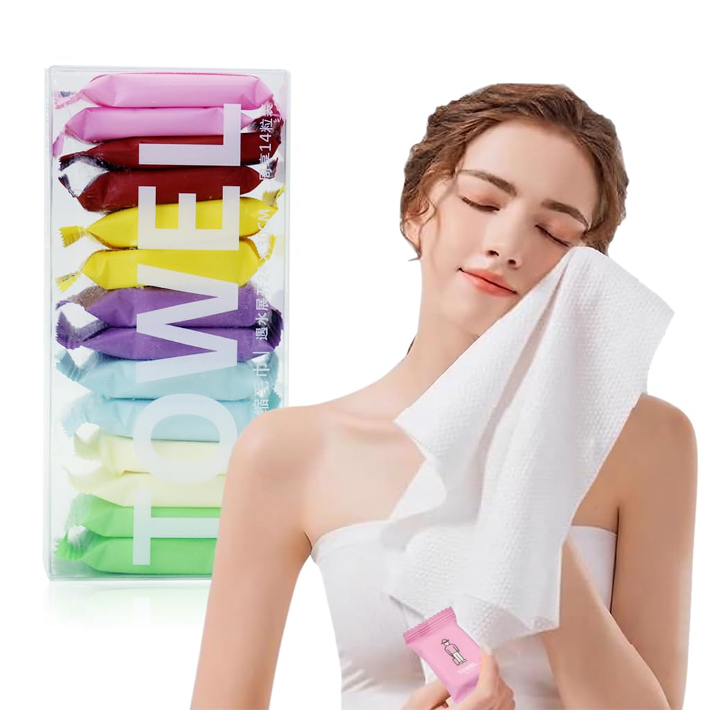 HANNEA® 14PCS Disposable Washcloths for Travel - Portable Pure Cotton Compressed Towels for Face & Hand Washing | Large, Thick & Reusable | Perfect for Camping, Hiking, Backpacking & Outdoor Adventures | Compact Travel Essential for Hygiene On-The-Go