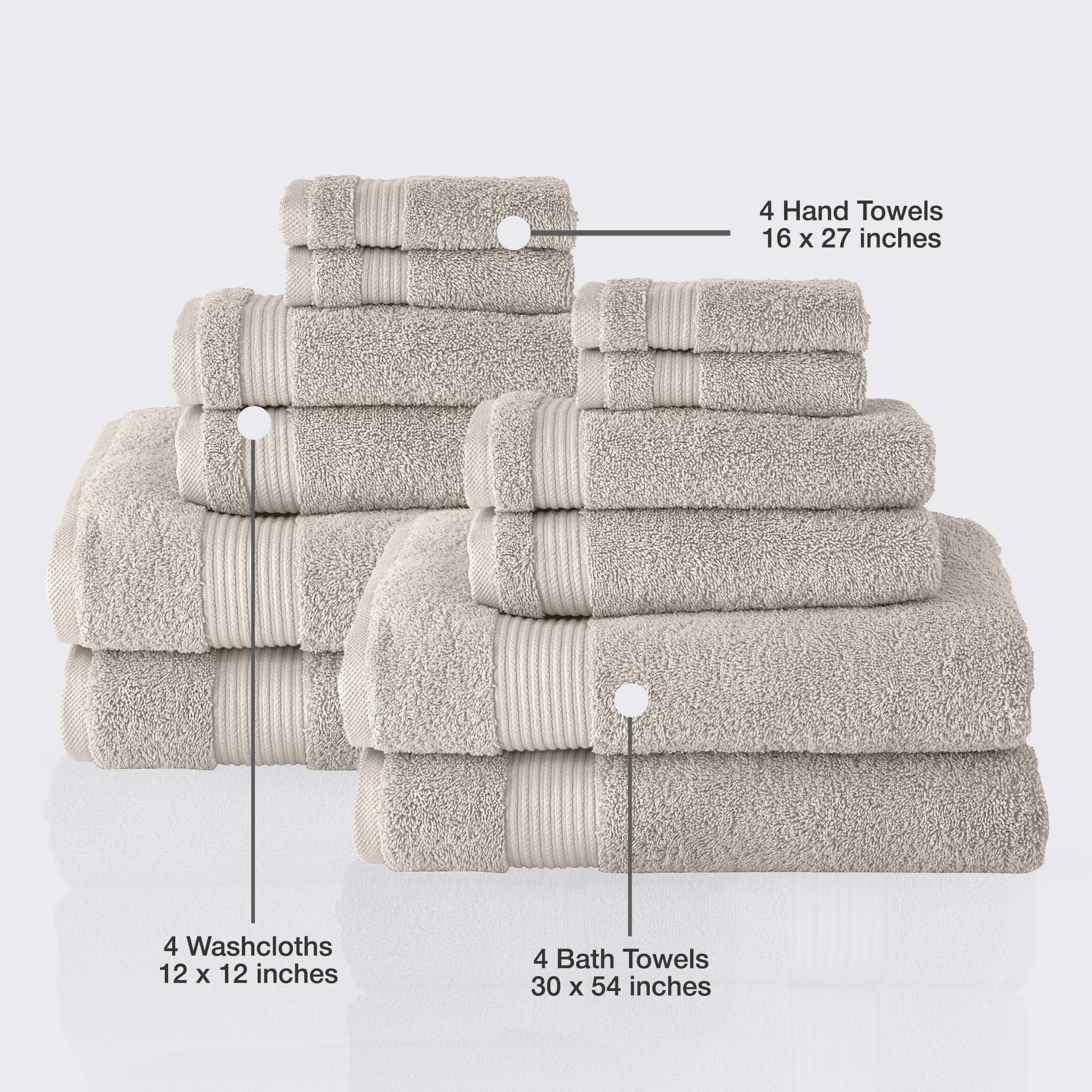 12-Piece Classic Turkish Cotton Towel Set - Ultra Absorbent & Quick-Drying Bathroom Towels (4 Bath, 4 Hand, 4 Washcloths) | 100% Premium Turkish Cotton | Soft & Luxurious for Spa, Beach & Home Use (Light Grey)