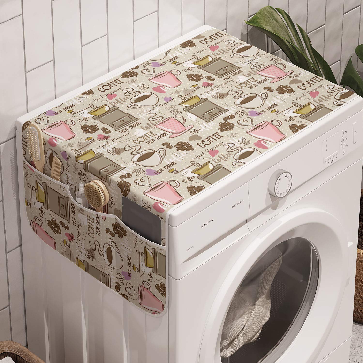Lunarable Anti-Slip Washer Dryer Cover - 47x18.5 Inch Colorful Coffee Theme Fabric Organizer with Grinder & Beans Design - Perfect for Laundry Room Decor & Kitchen Appliances Protection