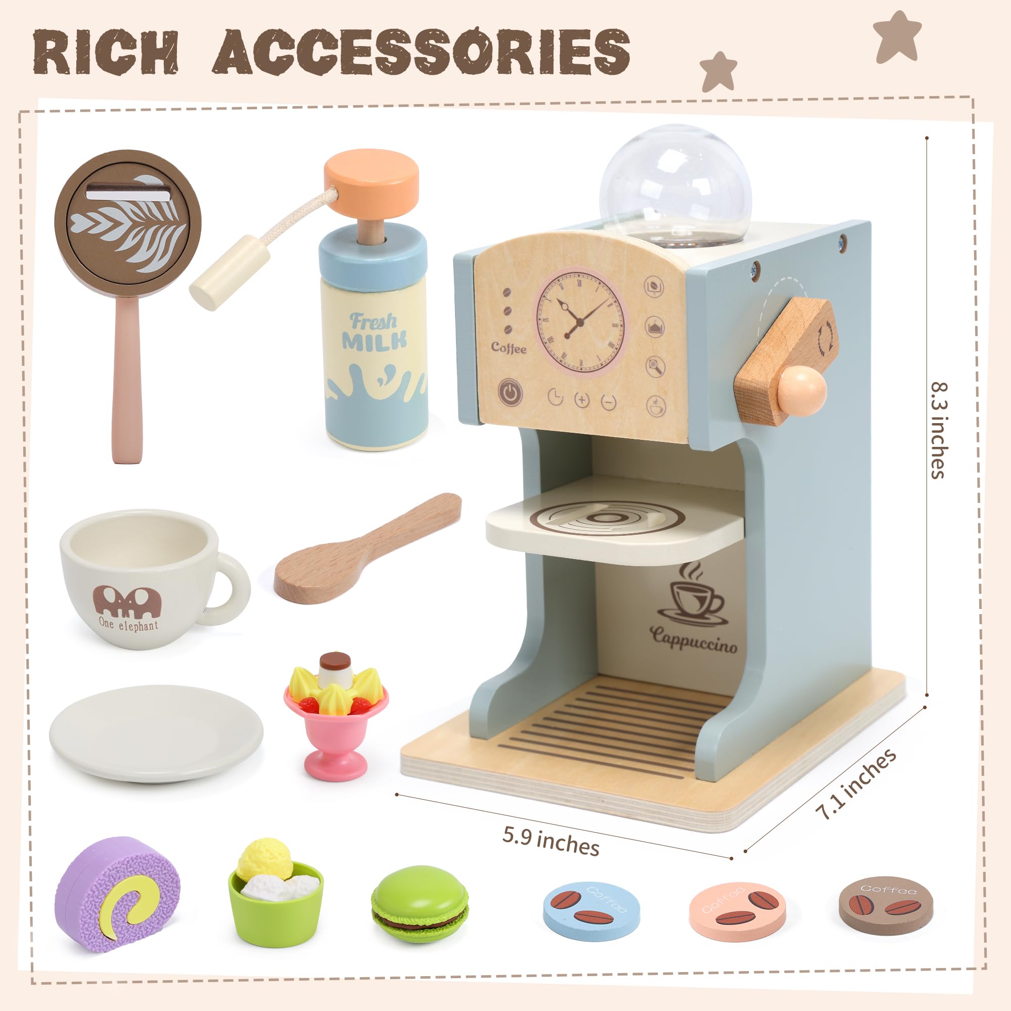 **Wooden Toy Coffee Maker for Kids - Pretend Play Kitchen Set with Coffee Shop Accessories & Toy Desserts - Educational Role Play Toys for Toddlers, Girls & Boys - Perfect for Home, Classroom & Playdates**