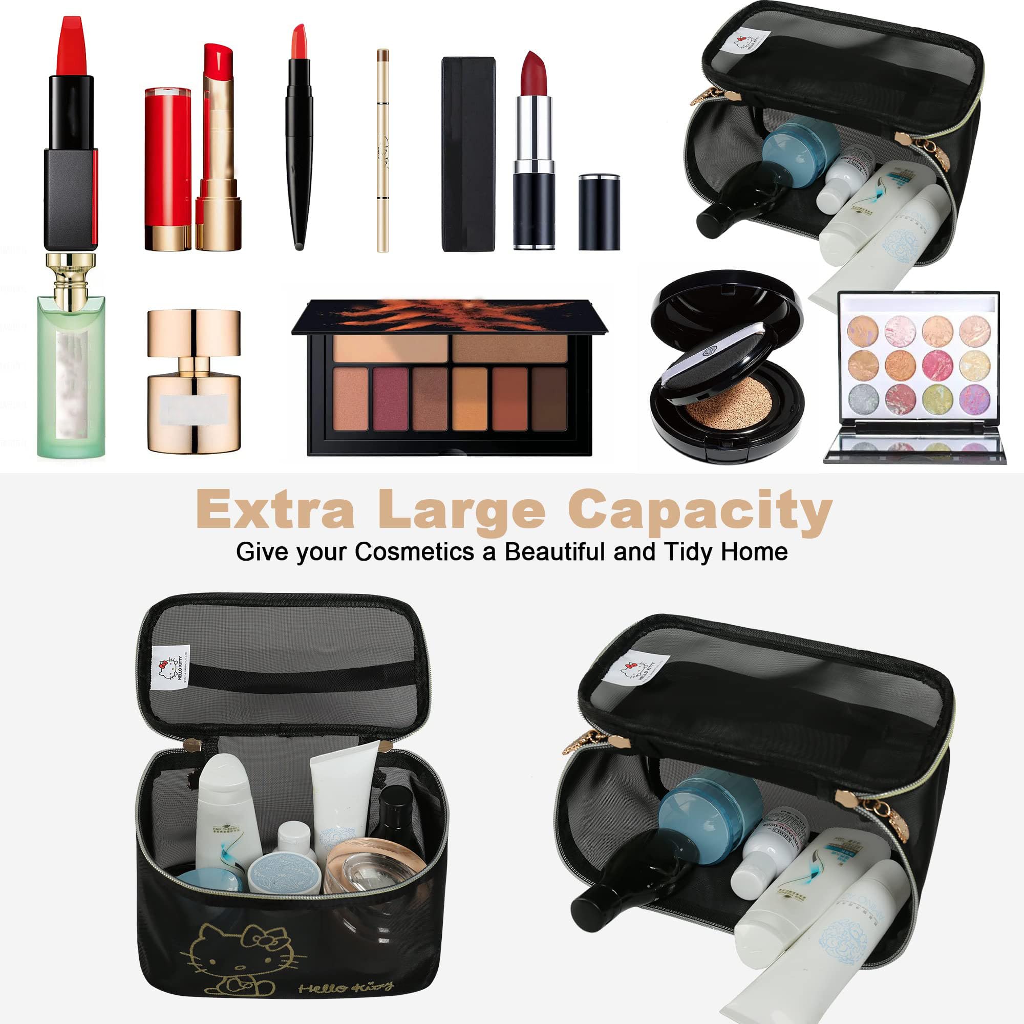 AmBealla Large Cosmetic Makeup Bag - Black Nylon Mesh Travel Organizer with Handle for Women | Toiletry & Beauty Storage Case for Skincare Tools, Makeup Brushes | Perfect for Travel, Home Organization & Gift for Girls