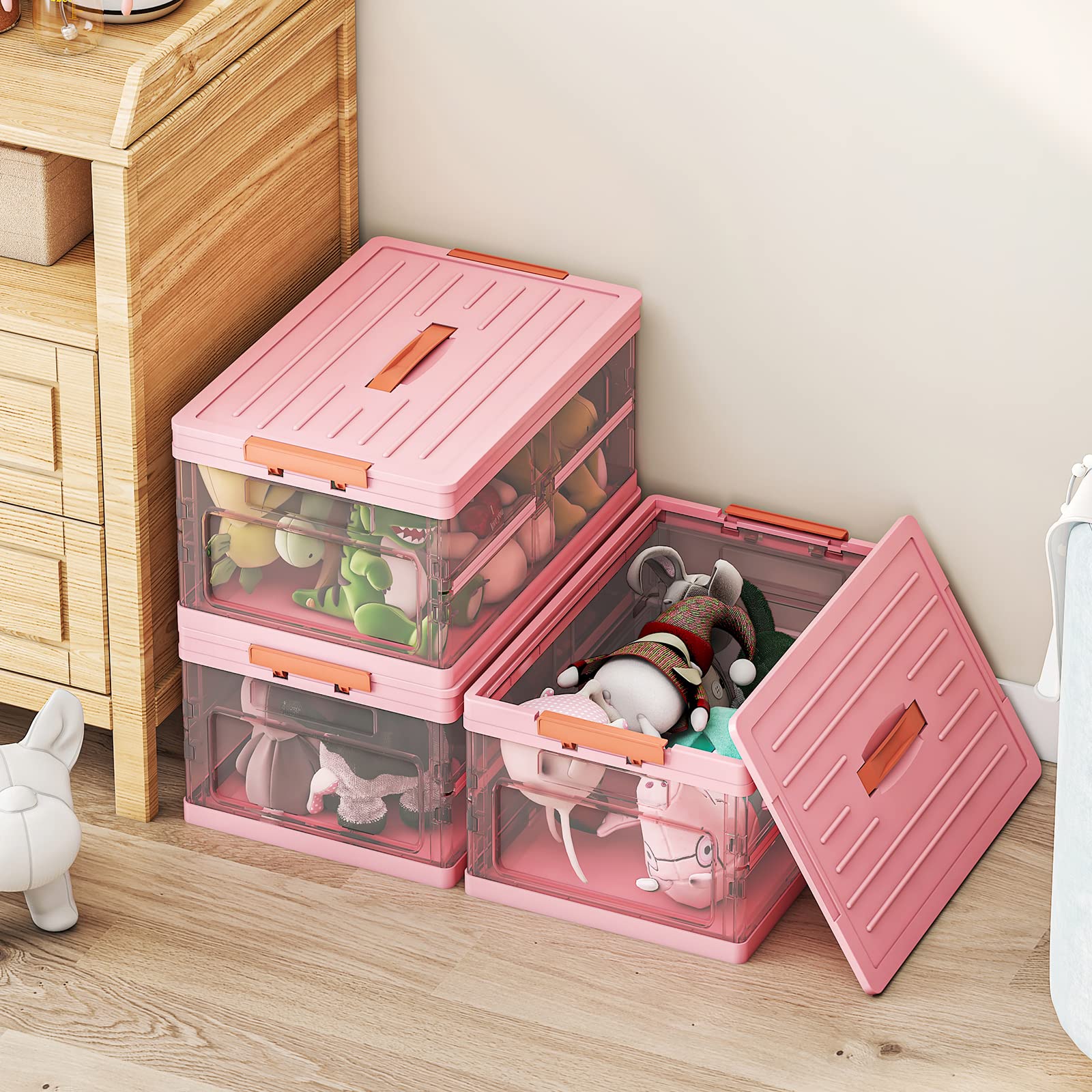 Wisdom Star 3-Pack Clear Plastic Collapsible Storage Bins with Lids - Foldable Stackable Organizing Containers for Home, Office, Closet & Nursery (Pink) - Perfect for Toys, Clothes, Books & Household Items