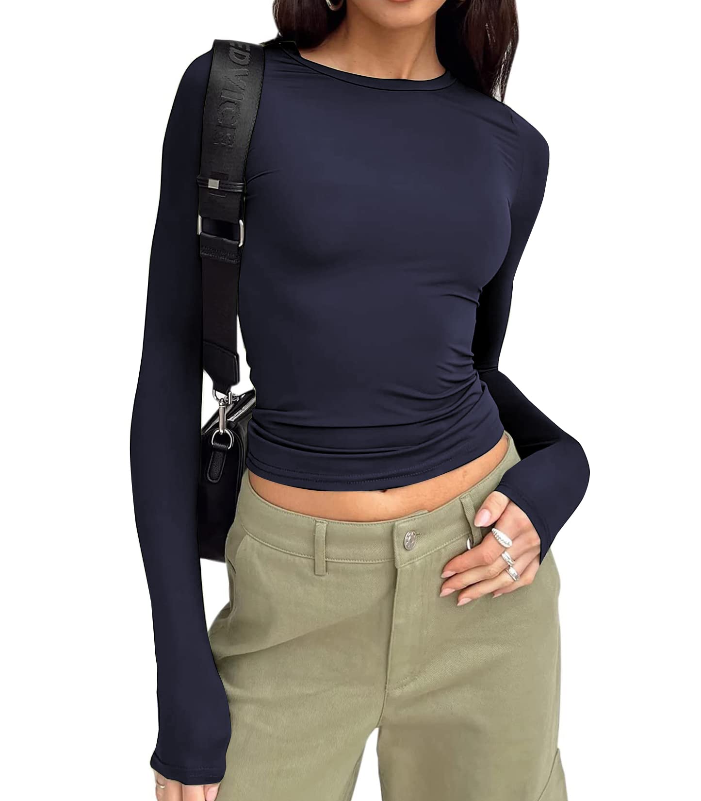 Women's Long Sleeve Crop Top - Slim Fit Basic Crew Neck T-Shirt for Casual Wear | Y2K Fashion Staple for Street Style & Everyday Outfits