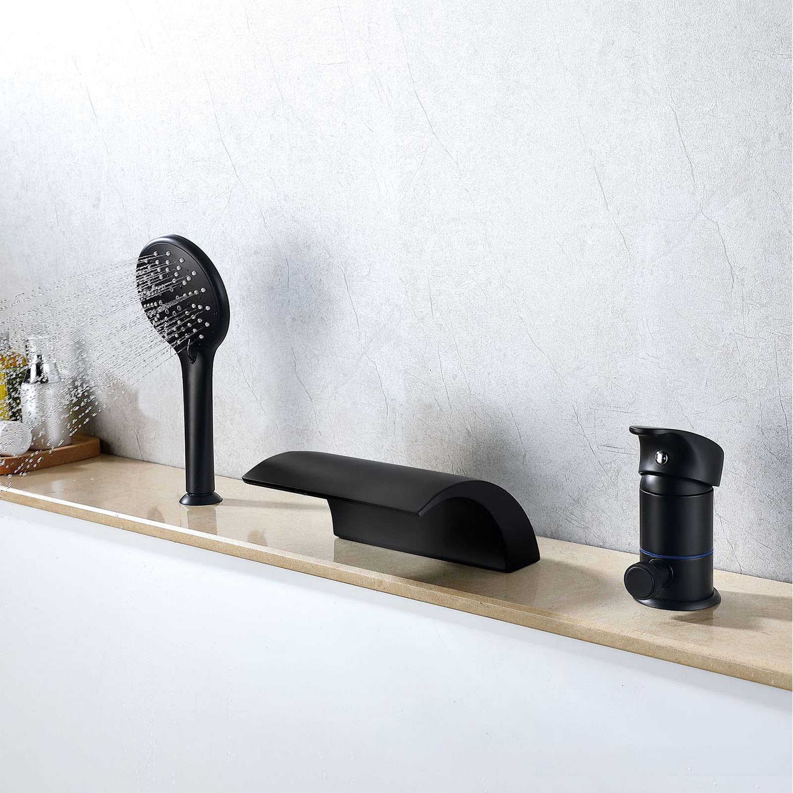 Matte Black Waterfall Bathtub Faucet with Hand Shower - 3 Hole Single Handle Tub Mixer Tap - Modern Brass Bathroom Shower Faucet for Spa-Like Relaxation and Luxurious Bathing Experience
