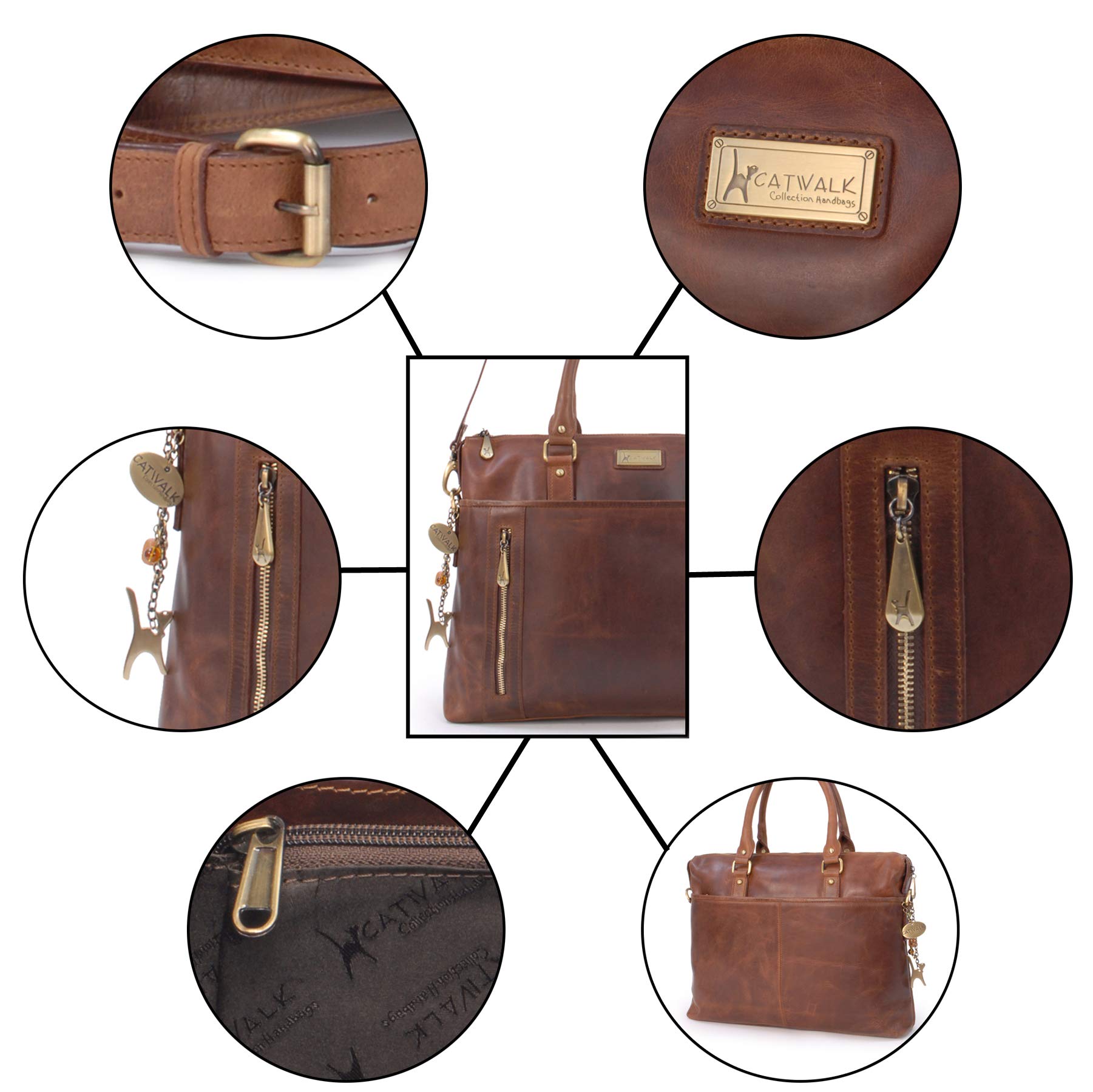 Catwalk Collection Women's Large Leather Tote Bag - Stylish Work Laptop Briefcase with Detachable Crossbody Strap - Adele Design - Perfect for Office, Business Travel & Everyday Use