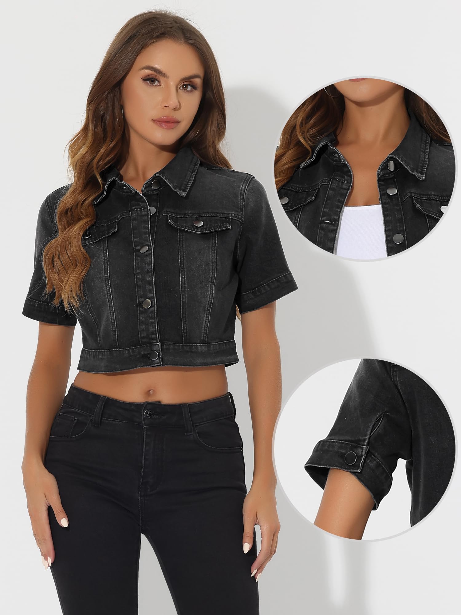 Allegra K Women's Short Sleeve Crop Denim Jacket - Casual Lightweight Jean Jacket for Spring & Summer | Perfect for Outfits, Dates, and Outdoor Activities