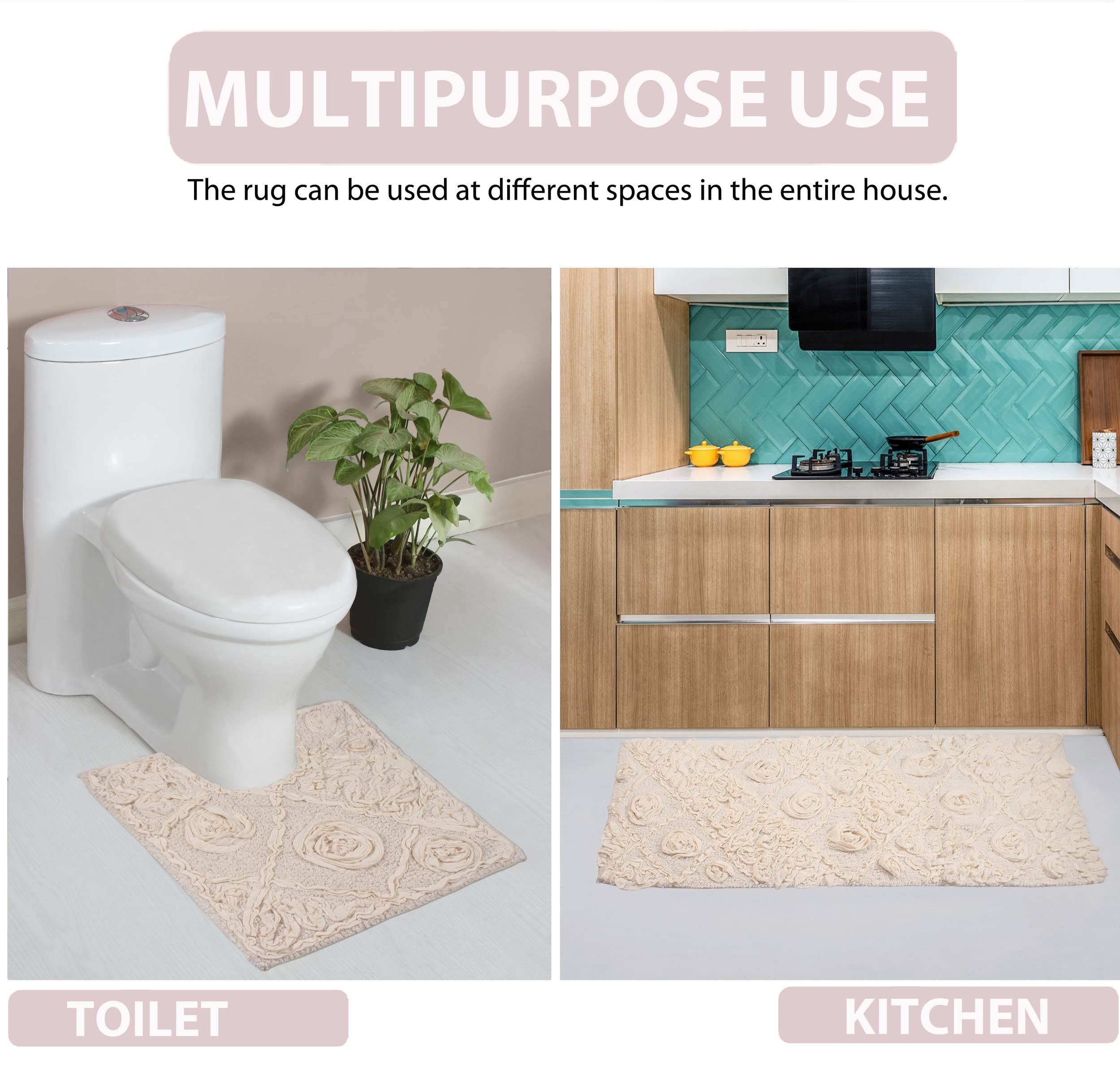 Premium 100% Cotton Bath Rug Set - 5 Piece Non-Slip Washable Bathroom Mats with Contour | Ultra Soft & Absorbent Ivory Bath Mats for Bathroom & Kitchen Floor | Perfect for Master Bath, Guest Bath & Laundry Room