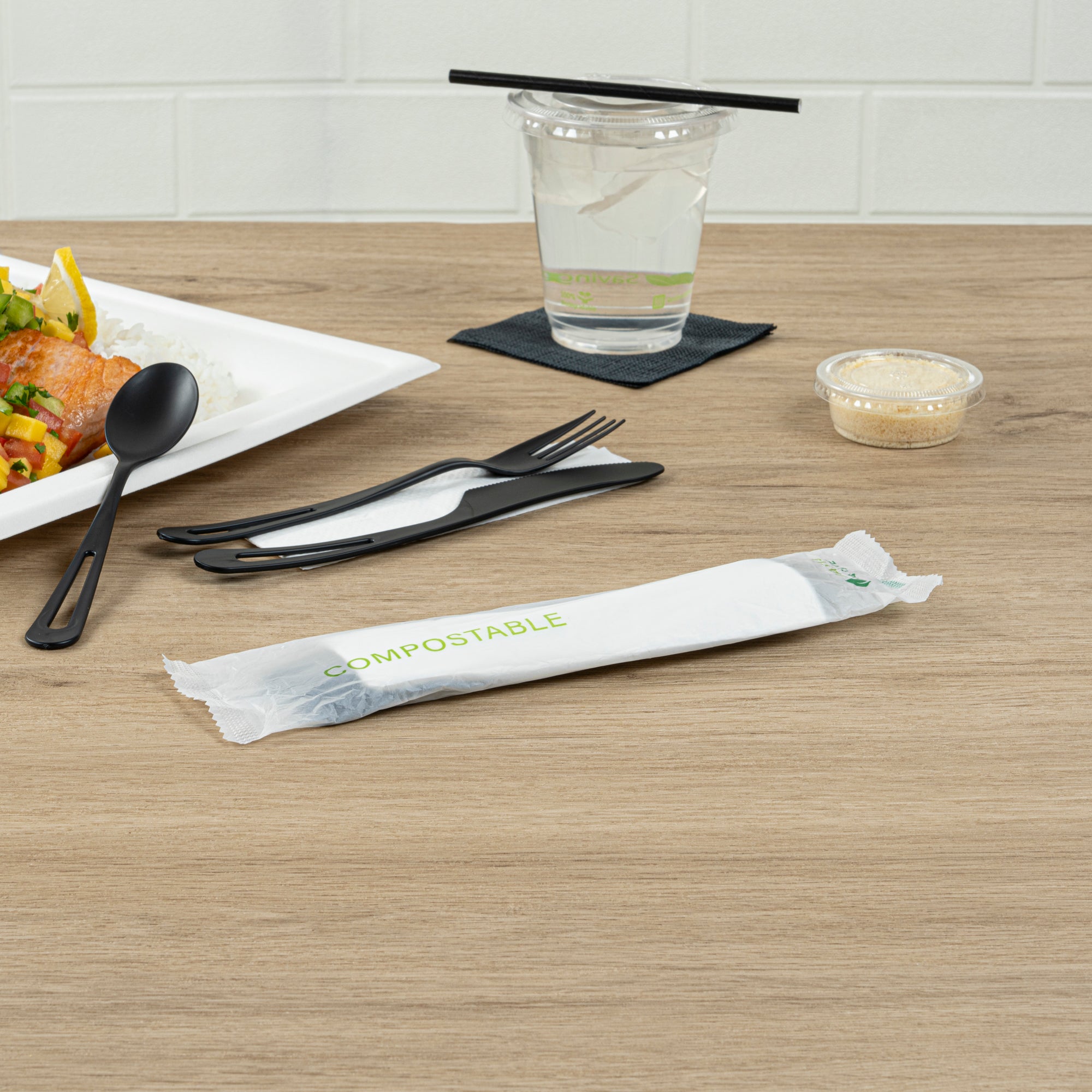 Eco-Friendly Black CPLA Plastic Cutlery Set - 100-Piece Compostable Utensils with Heat-Resistant Forks, Knives & Spoons | Includes Biodegradable Wrapper & White Napkins | Perfect for Parties, Picnics & Takeout Meals