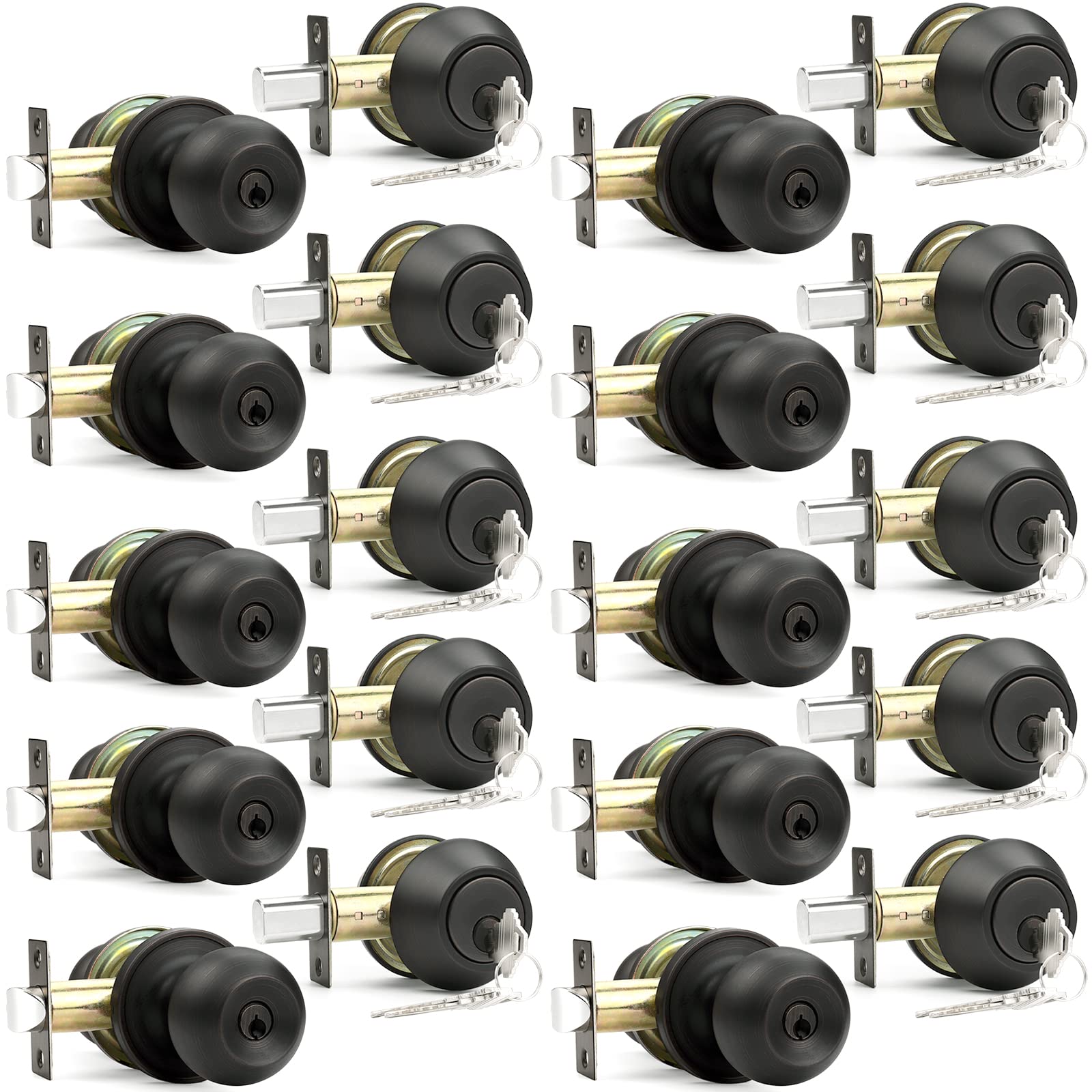 Probrico 10 Sets Oil Rubbed Bronze Entry Door Knobs with Double Cylinder Deadbolts - Keyed Alike Handlesets for Front Door, Interior & Exterior Doors - Contractor Pack (Perfect for Home Security & Entryway Upgrade)