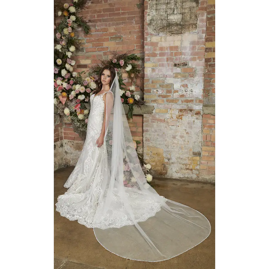 Elegant Lace Bridal Veil V2299C - Cathedral Length Wedding Veil with Beaded Edging for Bride, Perfect for Church Ceremonies & Romantic Photos