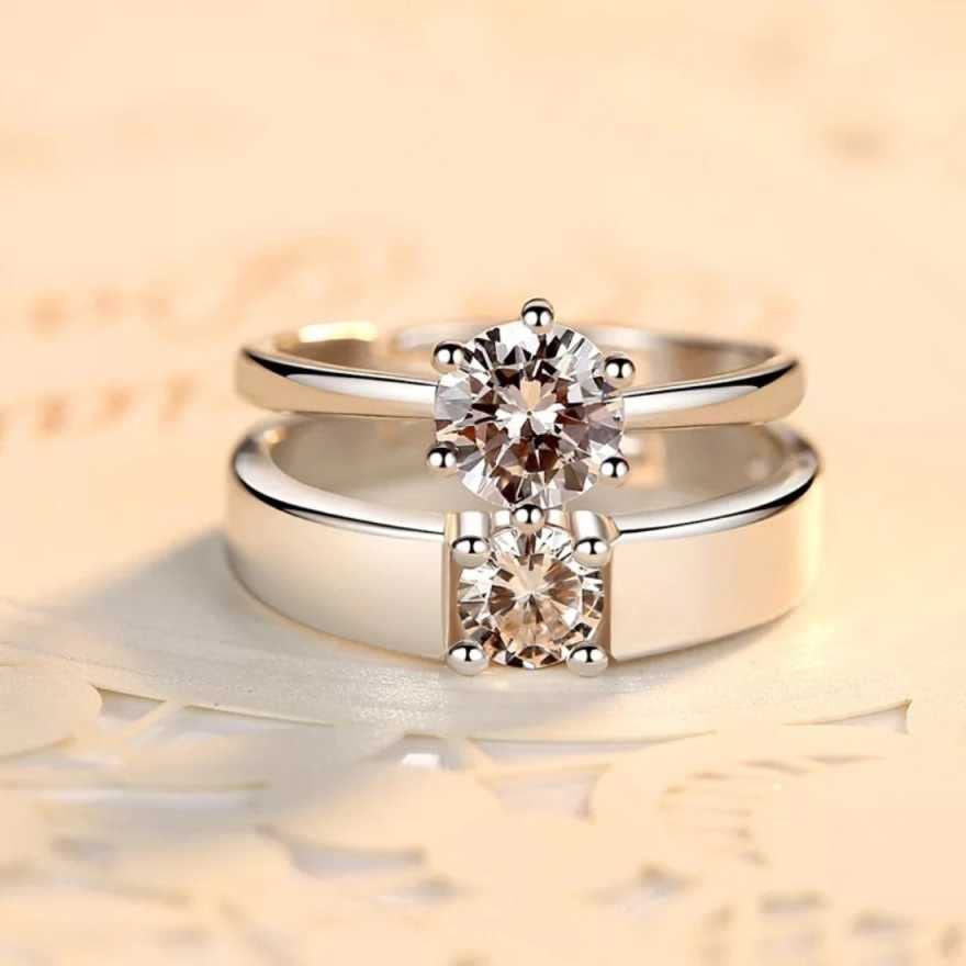 MEENAZ Couple Rings Set for Women & Men - CZ Solitaire Engagement Rings, American Diamond Heart Love Bands, Adjustable Valentine's Day Gift for Girlfriend/Boyfriend (Silver, Platinum Finish) - Perfect for Proposals, Anniversaries & Romantic Occasions